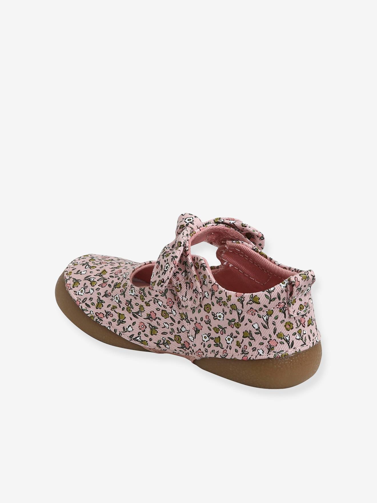 Chaussons ballerines bébé fille en toile imprimée rose clair