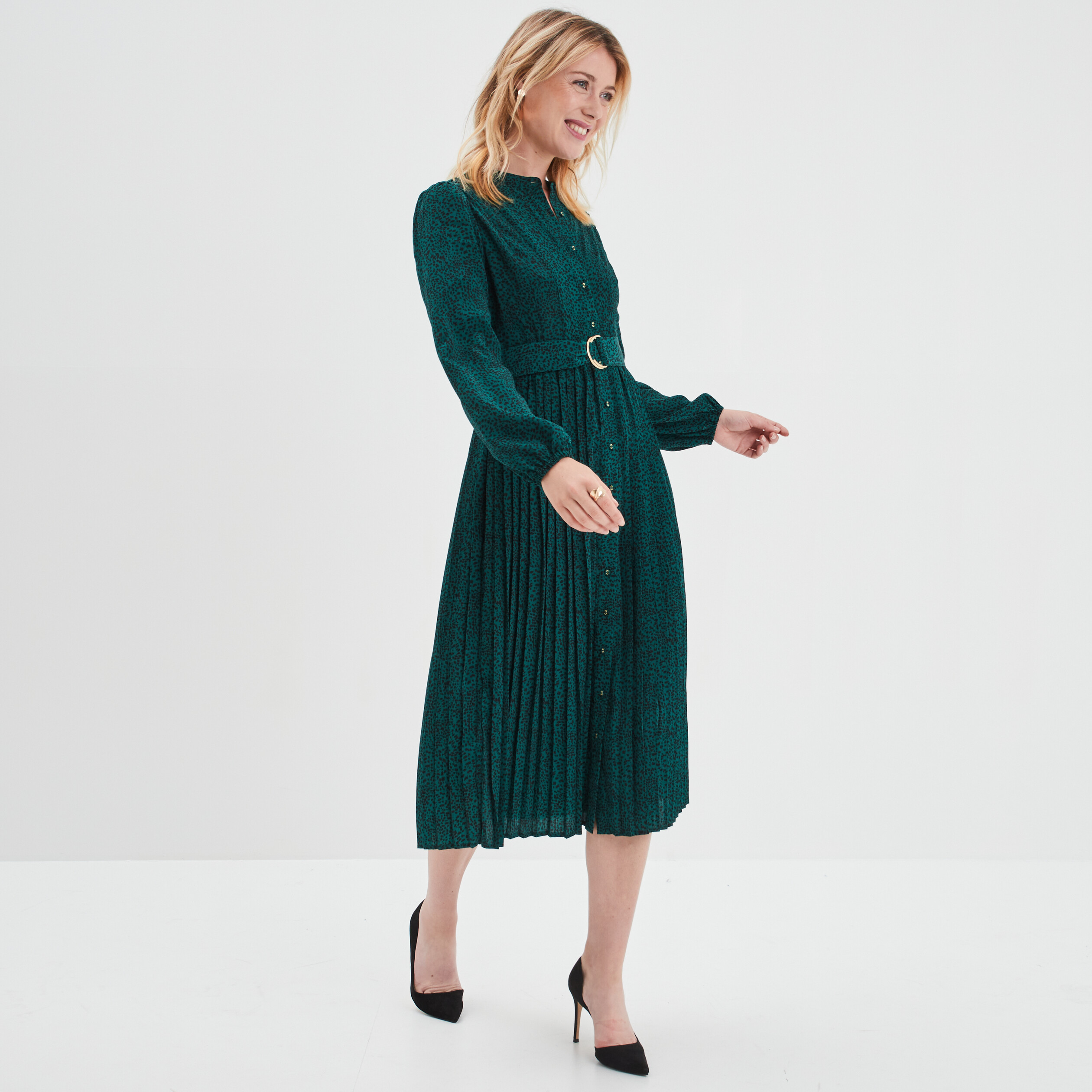 Robe chemise plissée midi col mao vert foncé femme | La Halle