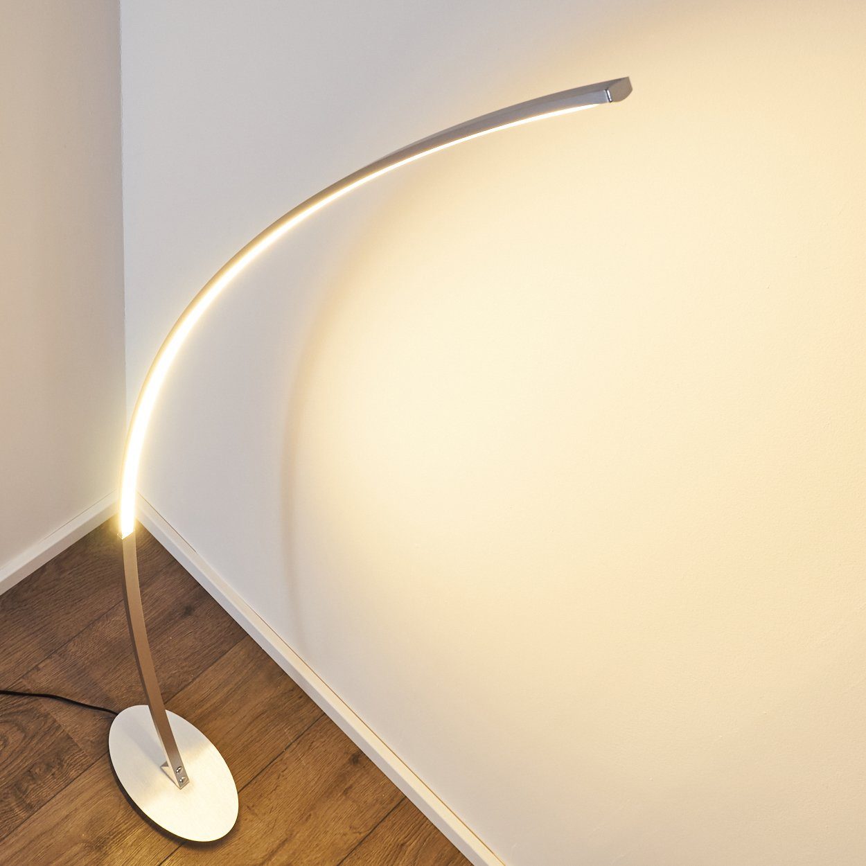 hofstein Bogenlampe Oneto LED Designer Standlampe in Aluminiumgebürstet, mit Fußschalter und Kabel, Leselampe, fest eingebaute LEDs 1100 Lumen