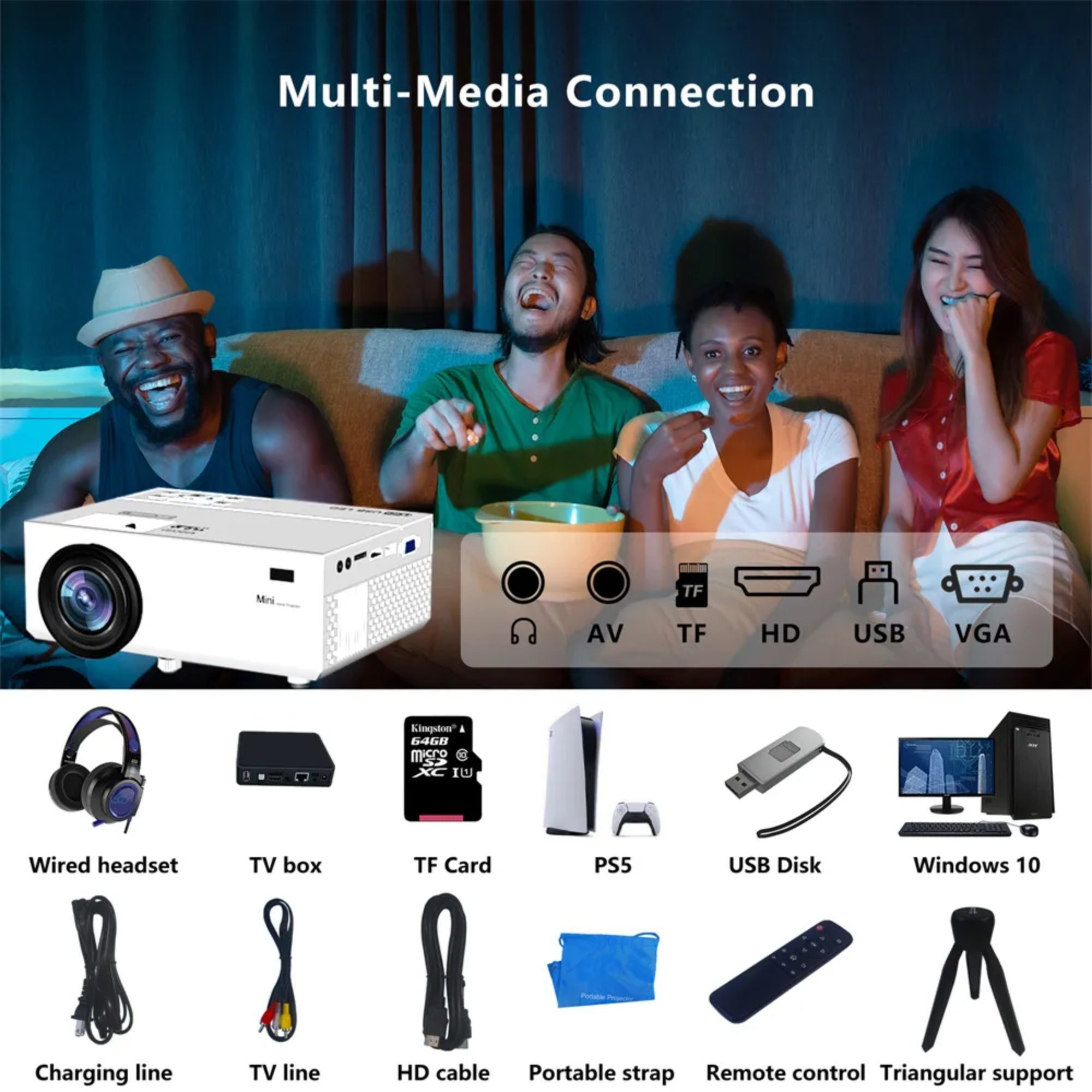 TransJee 1080P HD Projektor WiFi 3D LED Mini Video Theater Heimkino LED-Beamer (10000:1, 1280*720 px, Internetfähig, integriertes Internet, integrierte Lautsprecher)