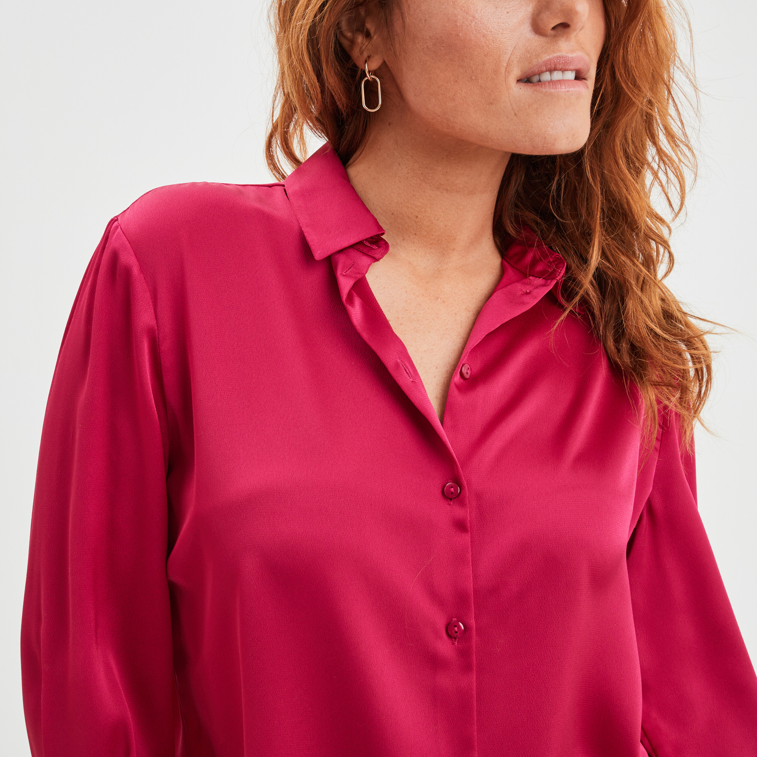 Chemise satin manches longues rose framboise femme | La Halle