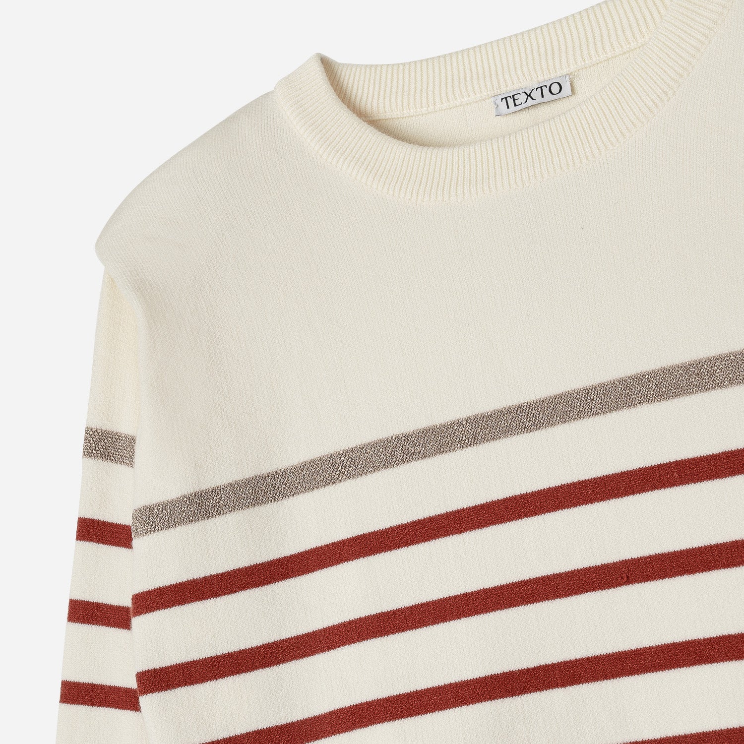 Pull écru tricot rayures brique et dorée