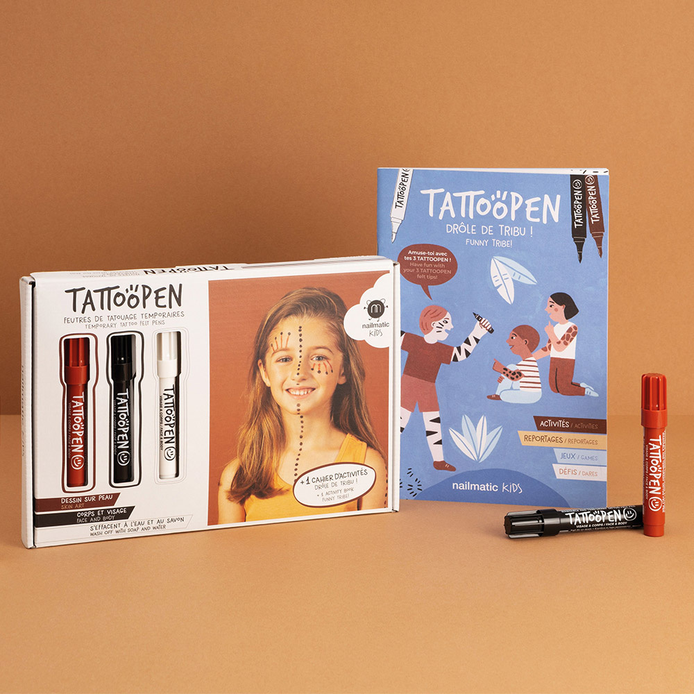 nailmatic Kit TATTOOPEN Drôle de Tribu Coffret avec 3 feutres de tatouage temporaire et un cahier d'activitié