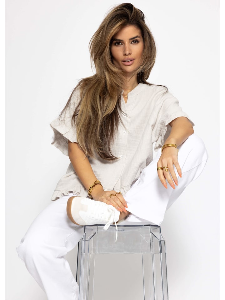 SASSYCLASSY Musselin Bluse mit Rüschensaum in Hellbeige günstig kaufen