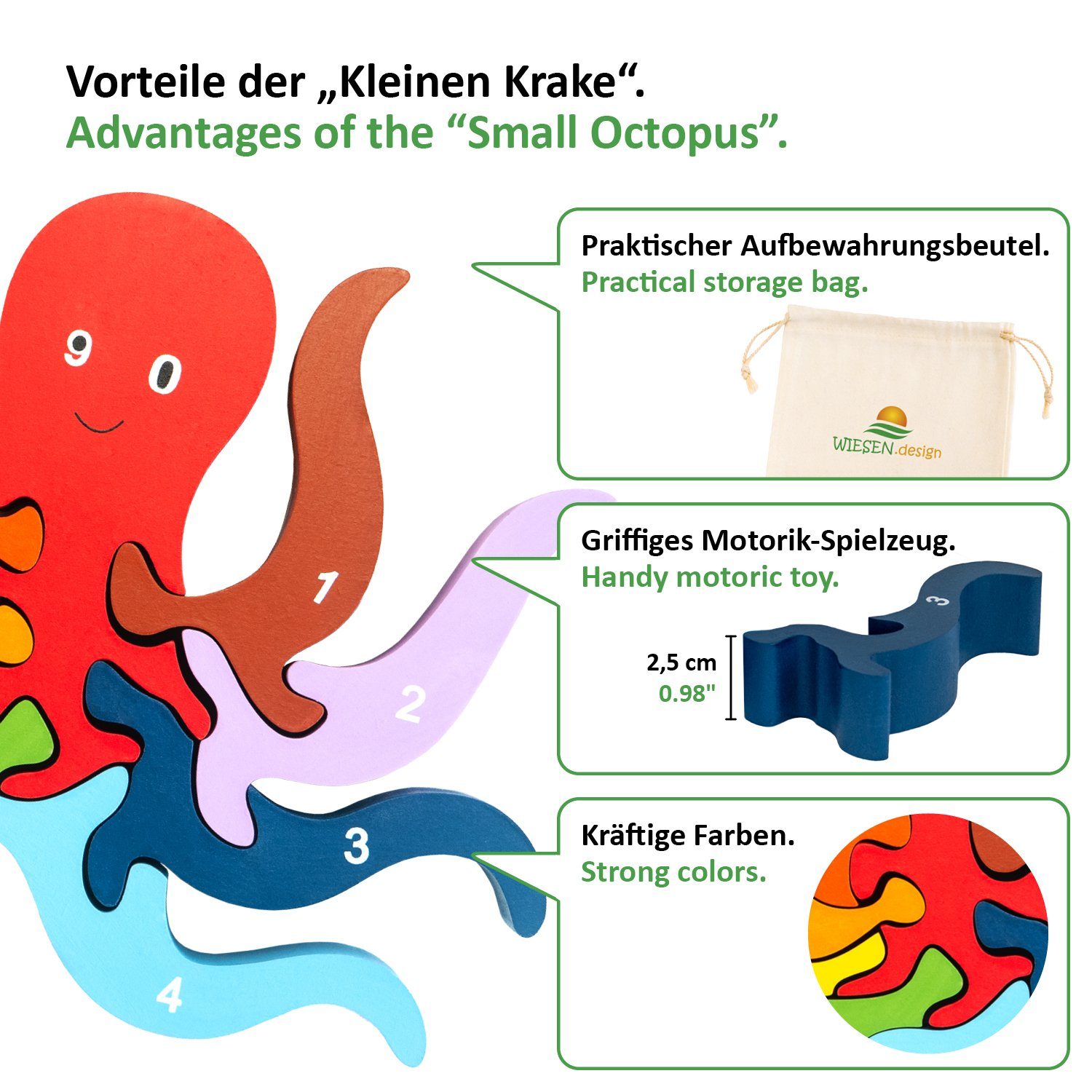 WIESEN.design Lernspielzeug Zahlenpuzzle Kleine Krake, Montessori Spielzeug ab 3 Jahre, Holzpuzzle, DIN EN71 geprüft, Speichel- und schweißfest, gratis Versand