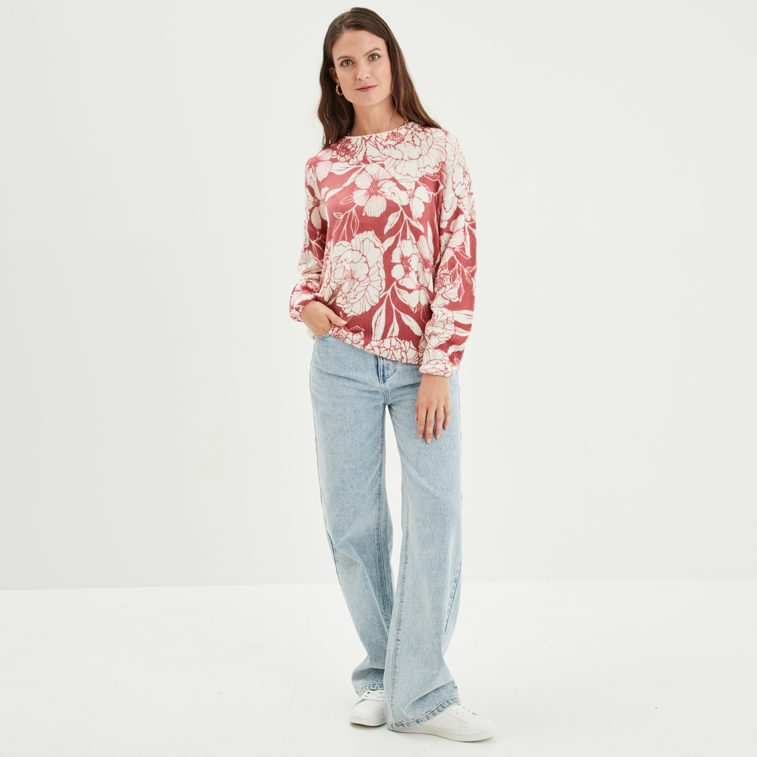 Pull col rond manches longues rose clair femme | La Halle