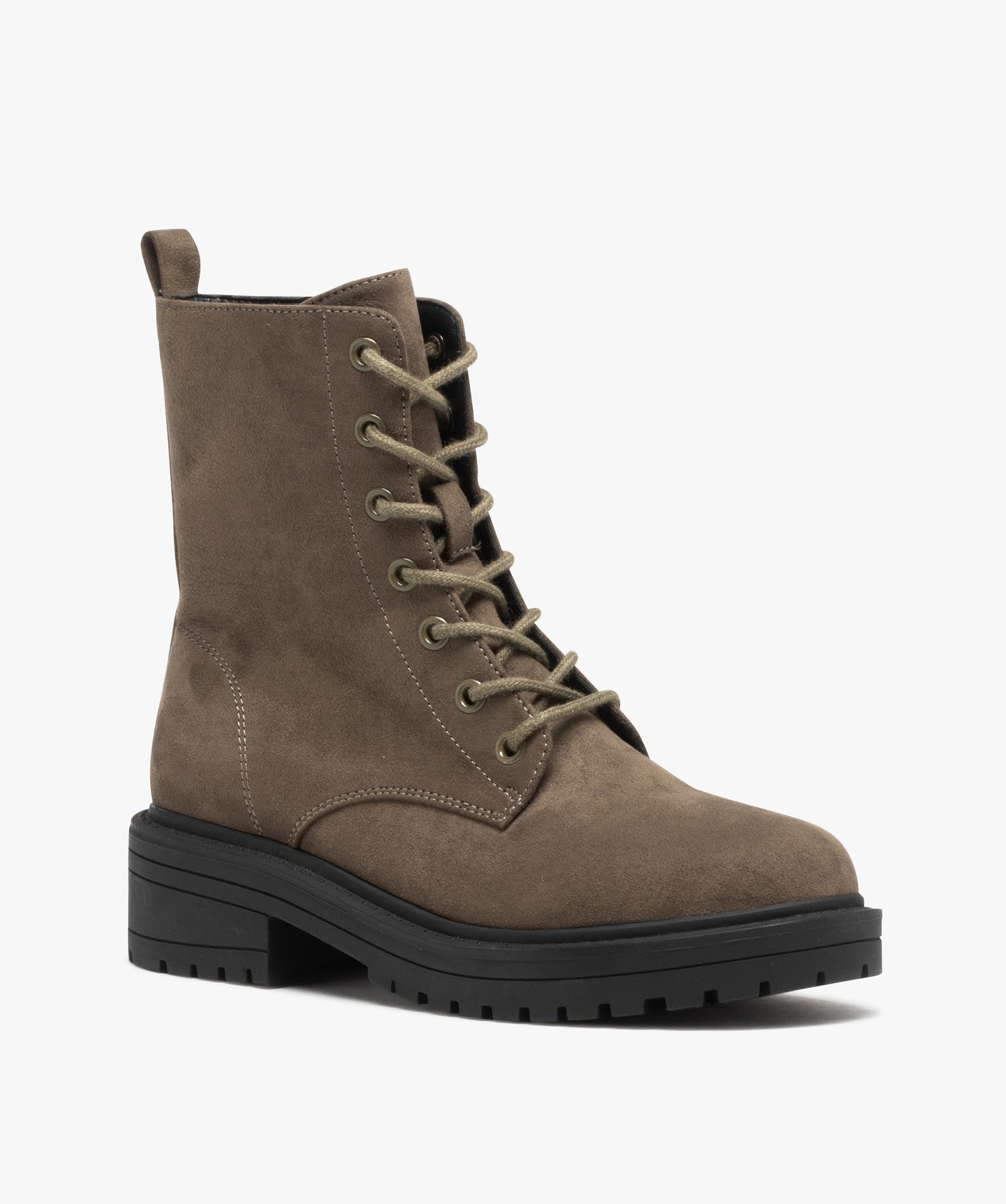 Boots femme dessus uni en suédine à zip et à lacets kaki | GEMO