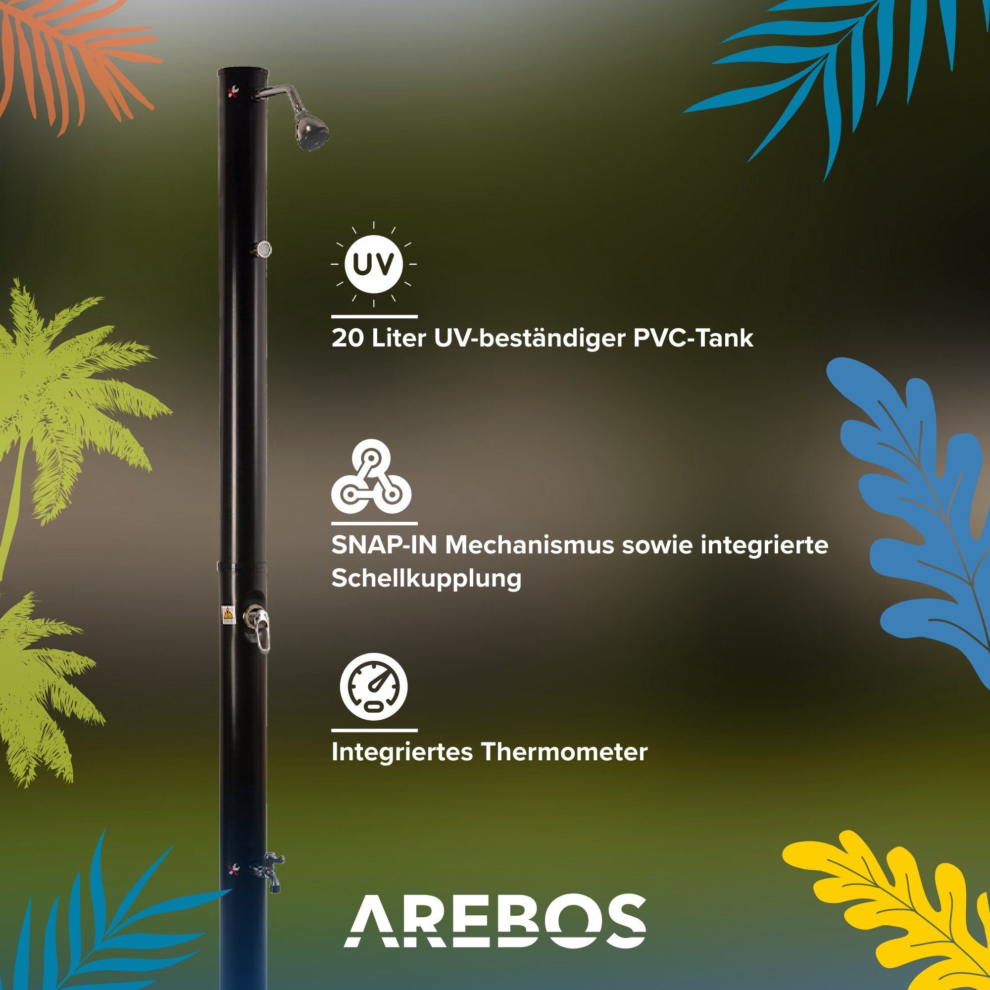 Arebos Solardusche 20 Liter, mit integriertem Thermometer & Fußdusche (Set), Inkl. Abdeckhaube