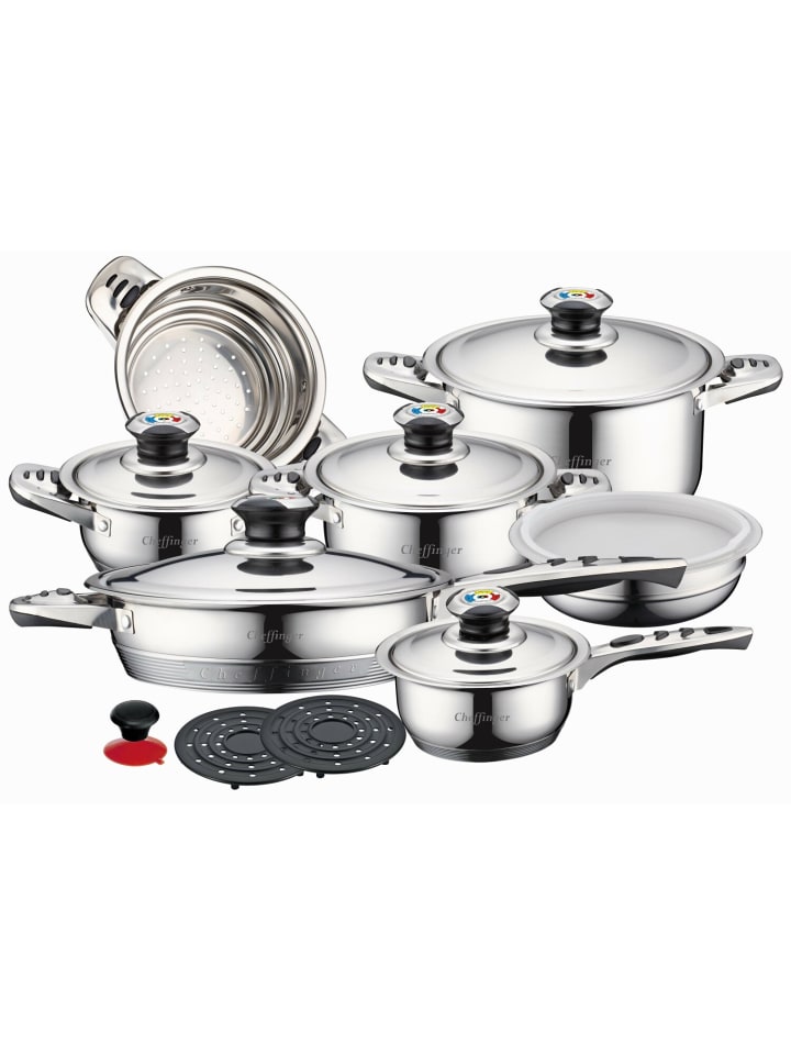 COFI 1453 Cheffinger 16-Teilig Kochtopf Set Kochtöpfe Topf Kochtopfset Edelstahl in Grau günstig kaufen onesize