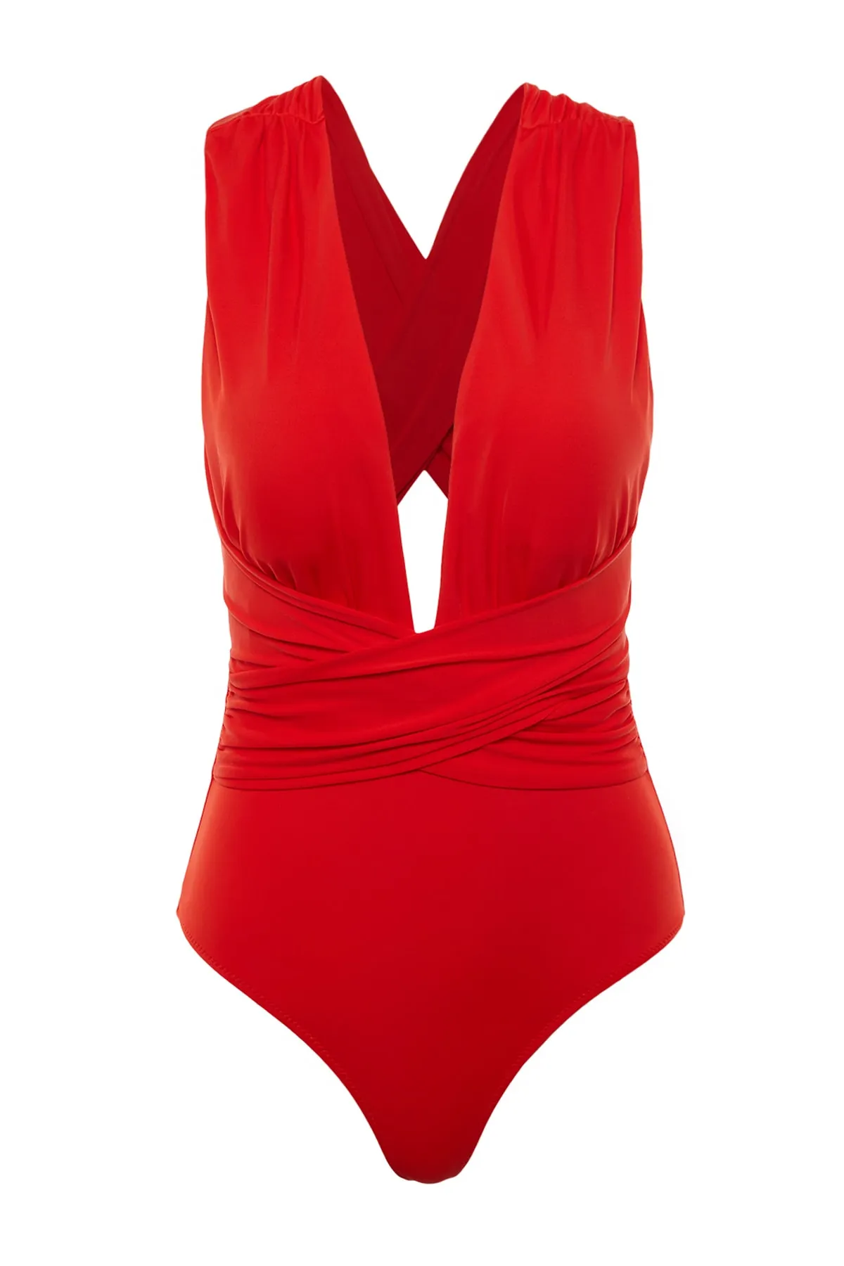 Trendyol Collection  Roter tief ausgeschnittener, drapierter Hipster-Badeanzug TBESS21MA0041