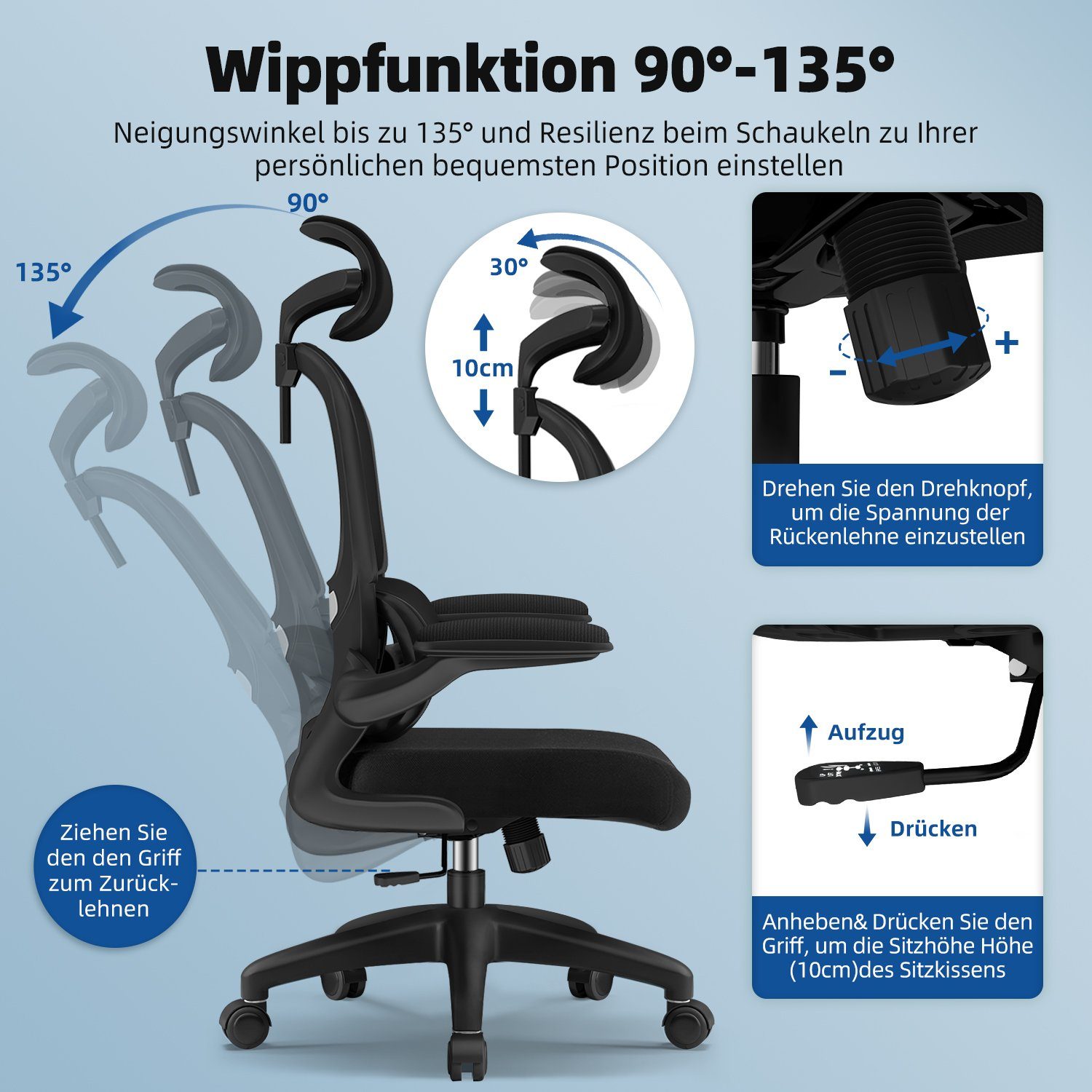 Authmic Chefsessel Bürostuhl, Drehstuhl, Schreibtischstuhl, Chefsessel (Bürostuhl ergonomisch mit verstellbarer Kopfstutze, Armlehnen, Atmungsaktiver Netzstuhl), Wippfunktion von 90° bis 135°, Bürostuhl 150kg