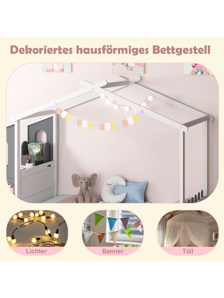 COSTWAY Kinderbett 90x200cm mit Dach & Schreibtisch in Weiß günstig kaufen onesize