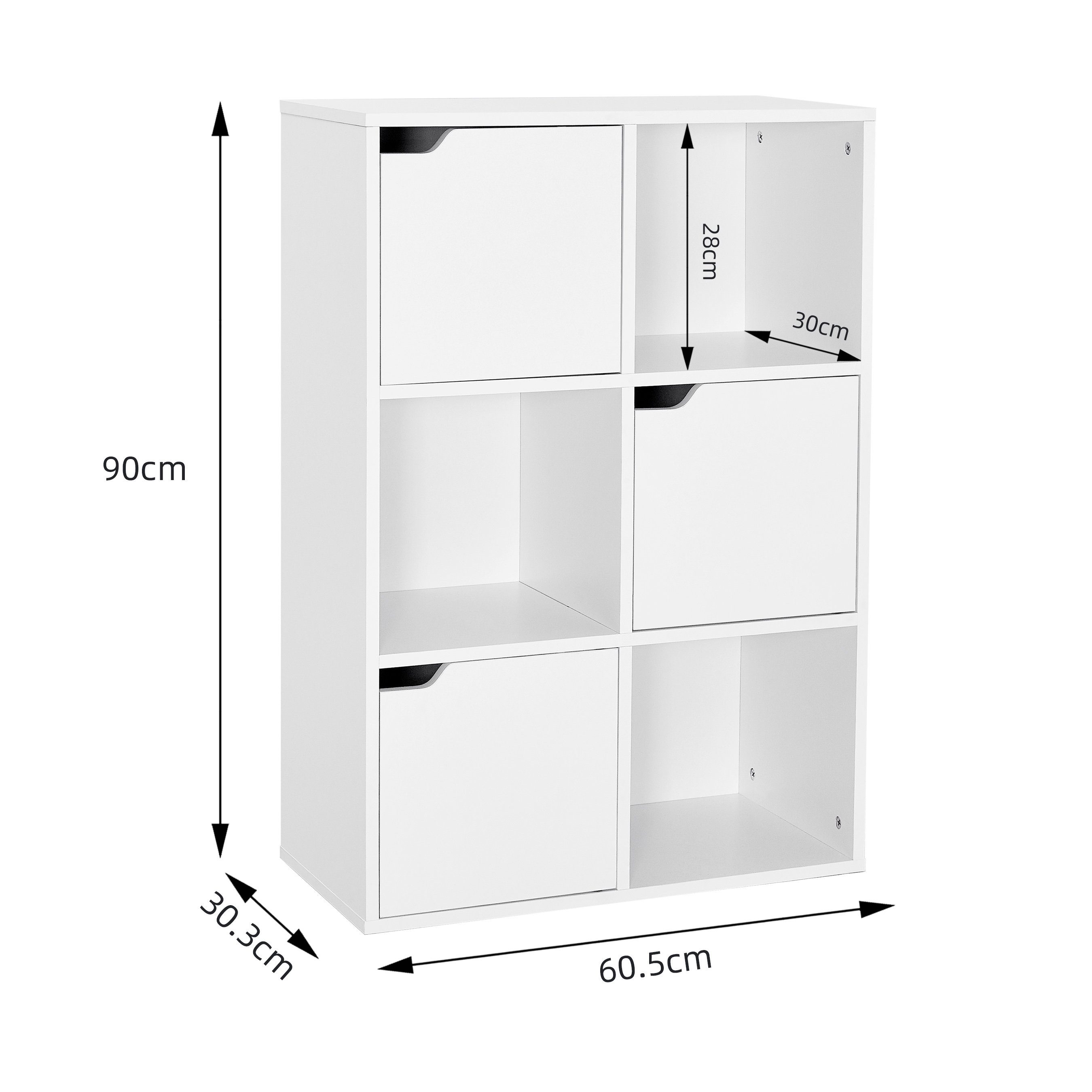 Mondeer Bücherregal Aufbewahrungsregal, Bücherschrank, Regal aus Holz, Sechs Fächer mit 3 Türen