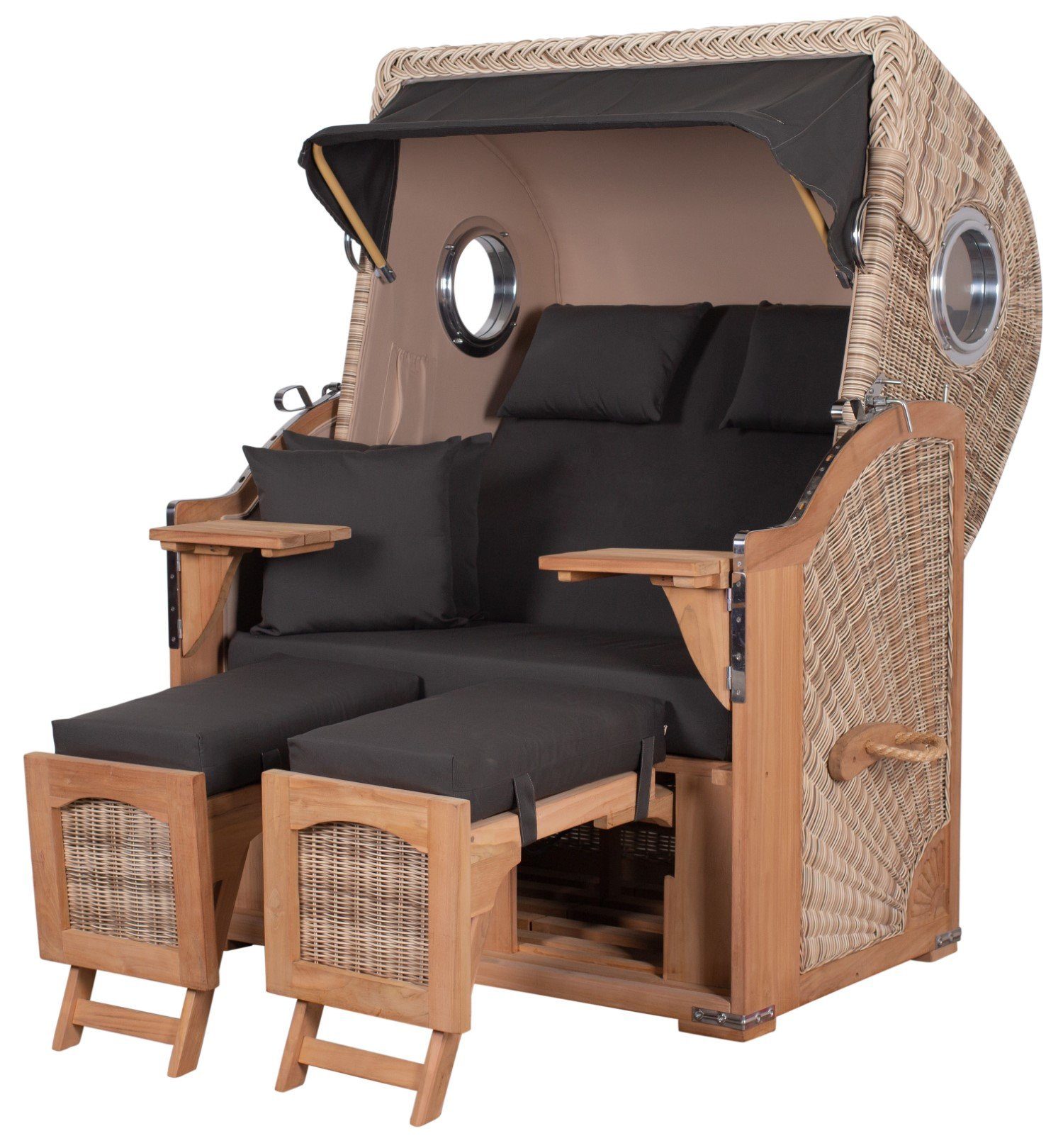 bene living Strandkorb Ammersee 2-Sitzer Teak - PE shell - Modell 548, BxTxH: 125x80x165 cm, Volllieger ca. 175 Grad, Ostsee-Strandkorb, inkl. Liftersystem und Bullaugen