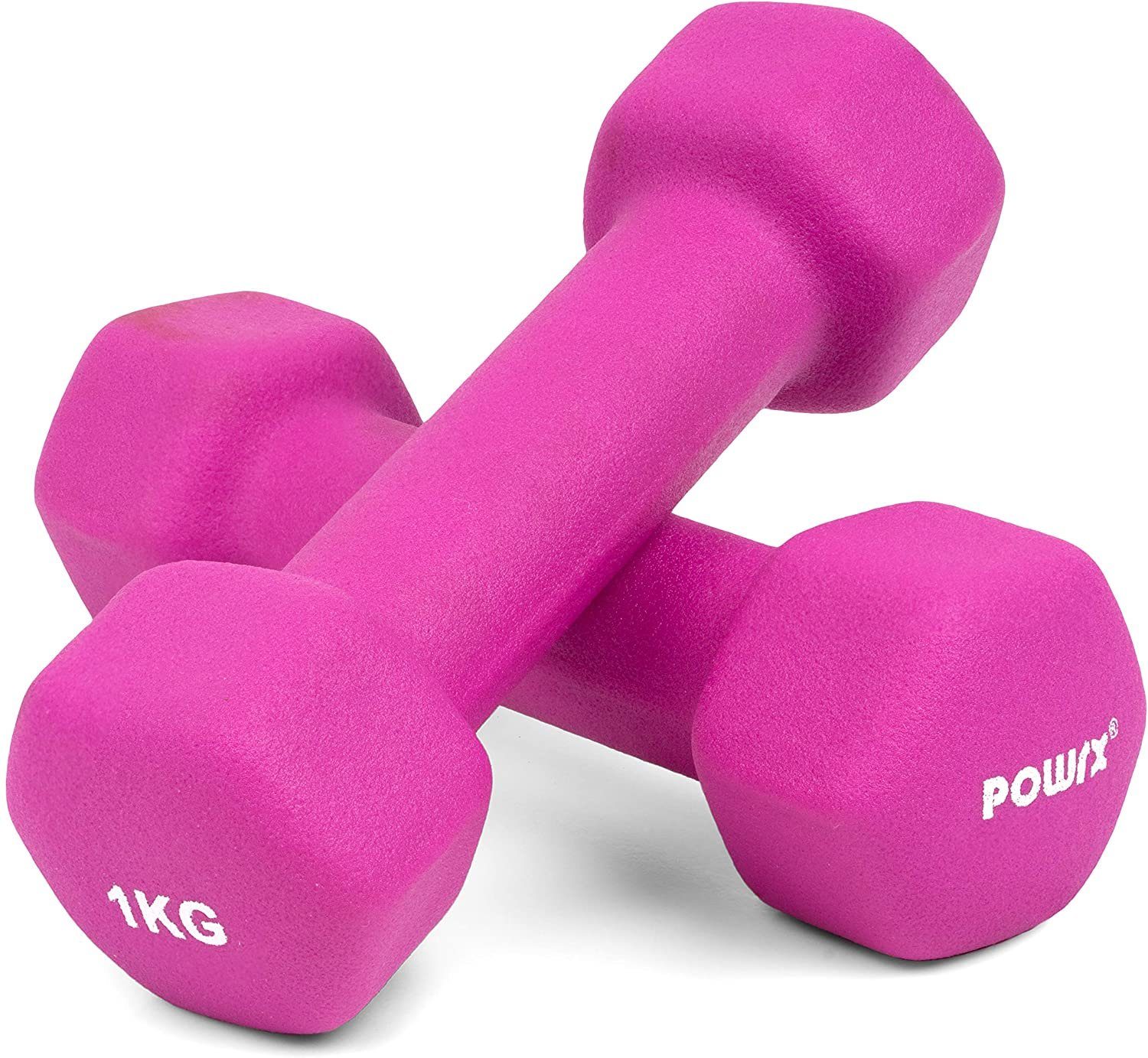 POWRX Kurzhantel 2x 0,5kg Sechskant Neopren Hanteln (Paar) inkl. Workout 0,5-10kg, Rosa (2 X 0.5 Kg)