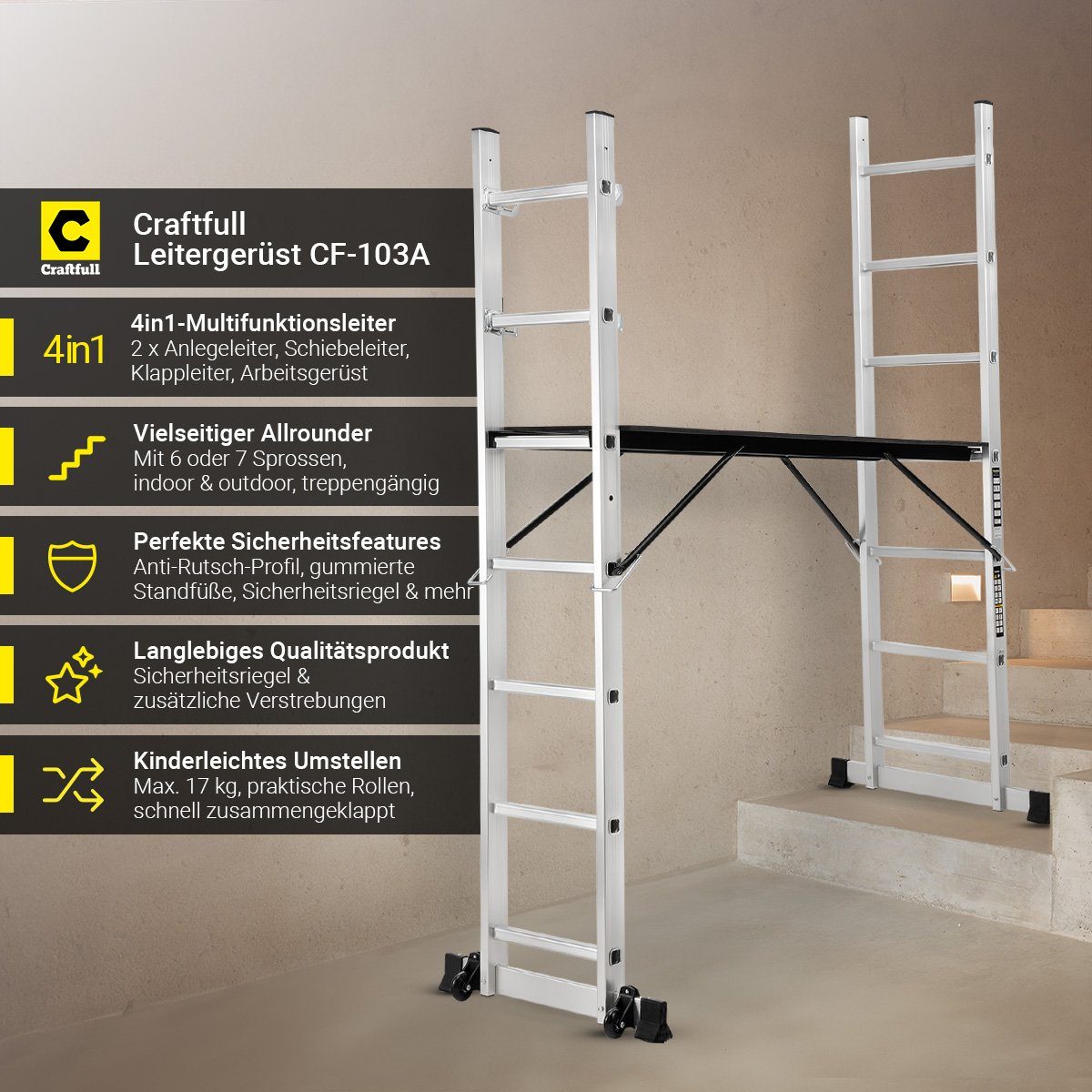 Craftfull Arbeitsgerüst 4in1 Leitergerüst CF-103A - 3 J. Garantie - Mehrzweckleiter Aluminium, (1.68 m - 1.95 m - 150 kg Traglast - Alu Stehleiter bis 150 kg - Doppelhohlkehlenprofil - Anlegeleiter - Gelenkleiter - Stehleiter - Trittleiter - Wandleit