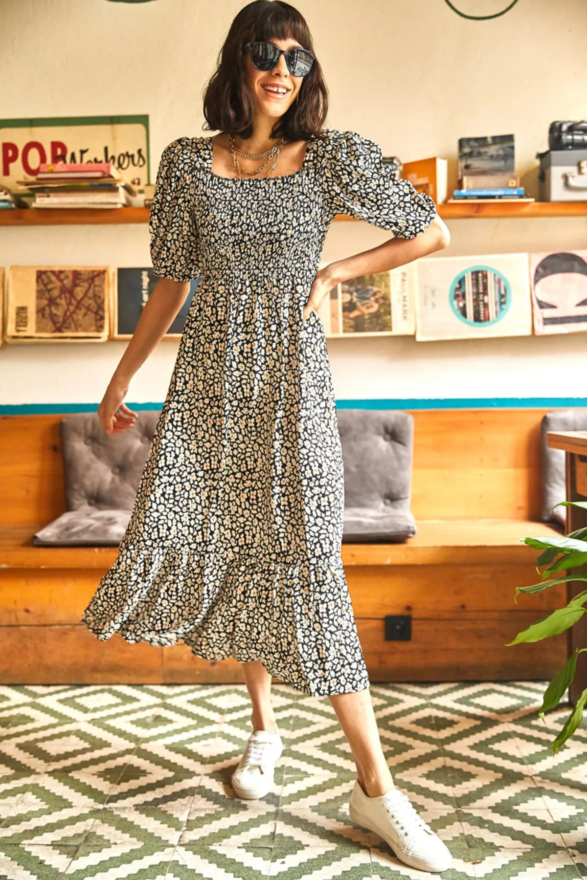 Olalook  Schwarzes Gimped-Lässiges Kleid aus gewebter Viskose mit Gänseblümchenmuster für Damen ELB-19001483