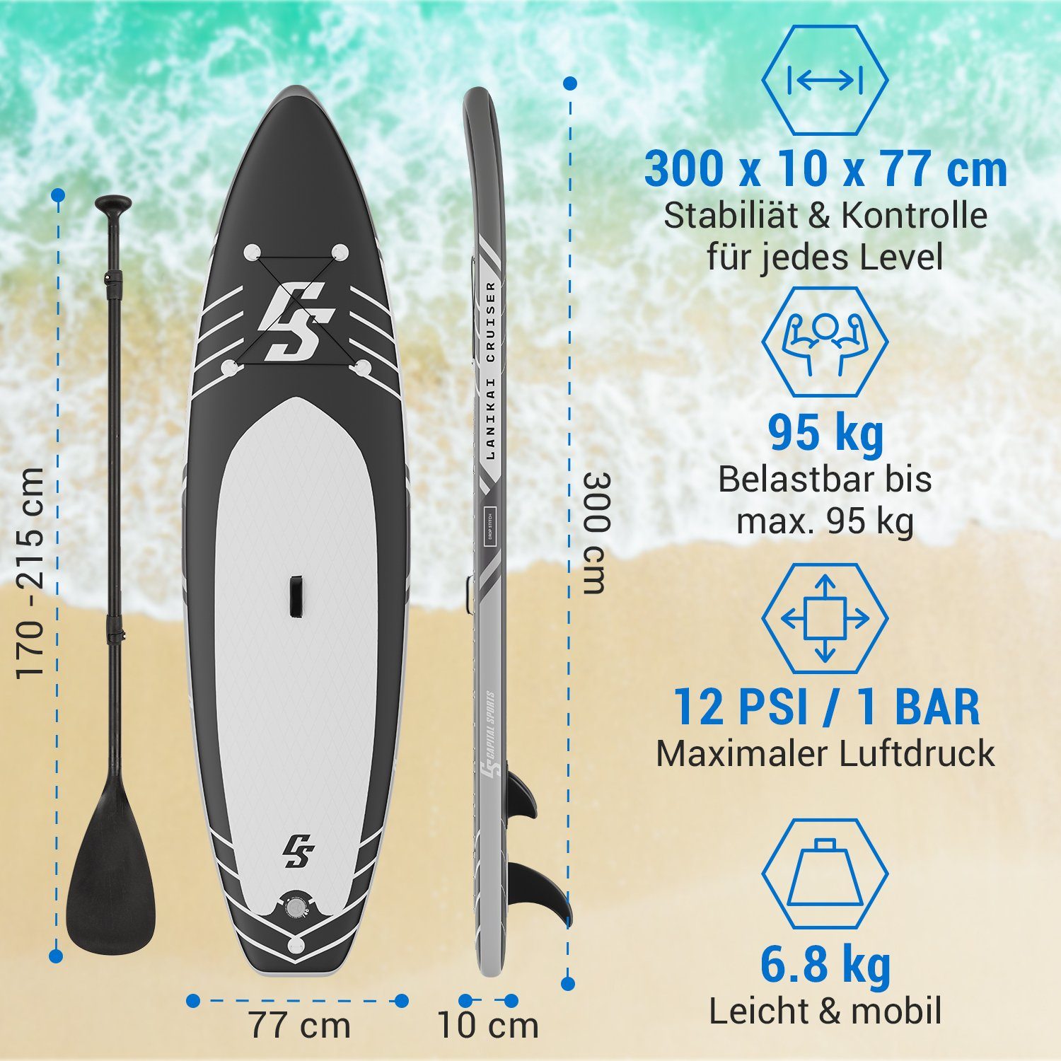 Capital Sports Inflatable SUP-Board Lanikai Cruiser 9.8, Paddle Board, (Set), Stand Up Paddling Board Standup Paddle Board SUP Board Paddel Board