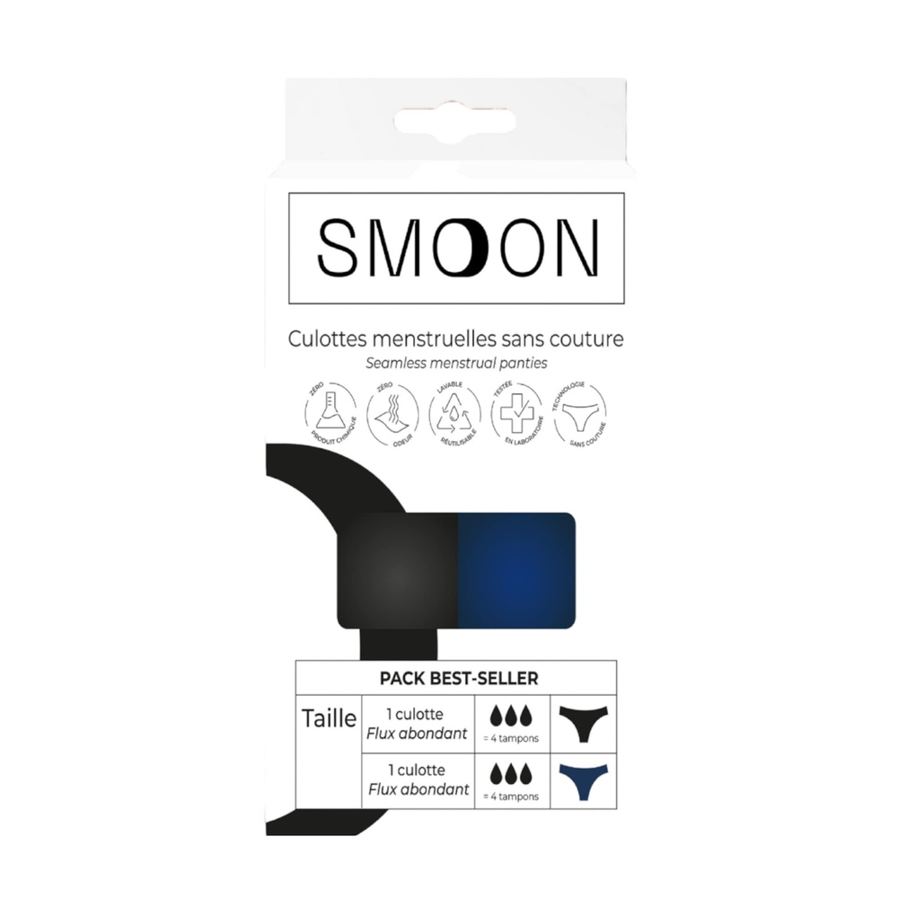 smoon lingerie Pack de 2 culottes menstruelles flux abondant 1 culotte bleue nuit et 1 culotte noire