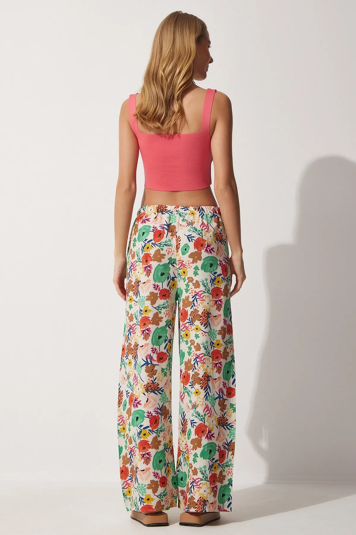 Happiness İstanbul  Damen-Palazzo-Hose aus Leinen in Beige und Grün mit Blumenmuster BH00385