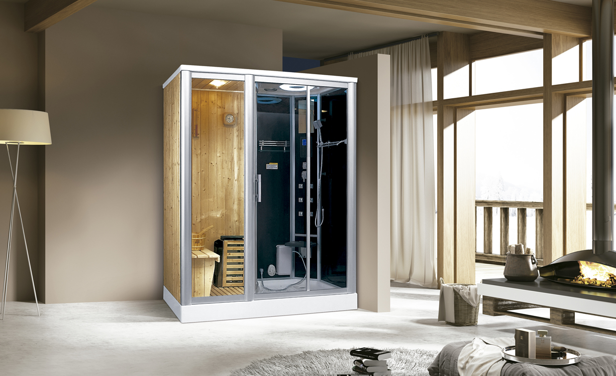 PureHaven Luxus 2in1 Finnische Sauna und Dampfdusche 170x100 cm für 2 Personen Tropenbrause Rücken- und Fußmassage LCD-Bildschirm Radio und Saunaofen