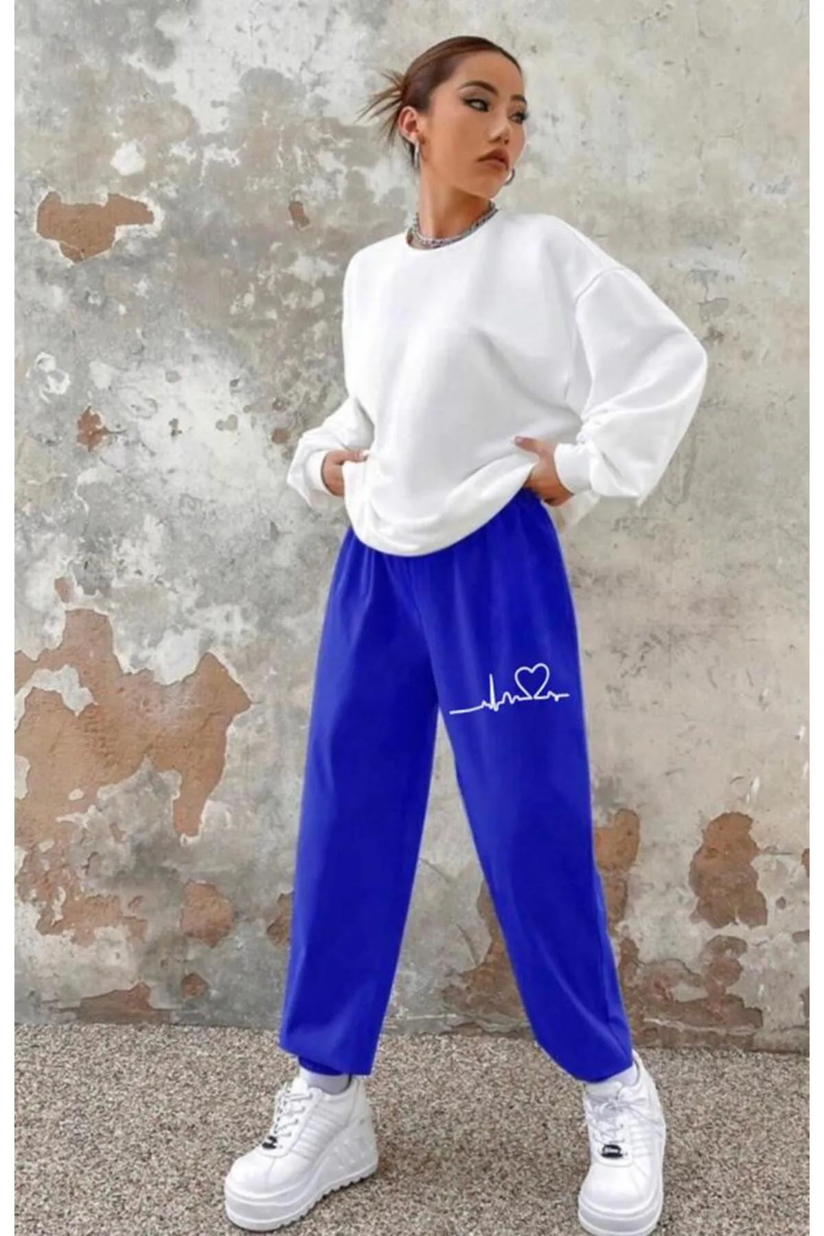 My Blog  Saks Blue Heart Rhythm bedruckte Jogginghose für Damen