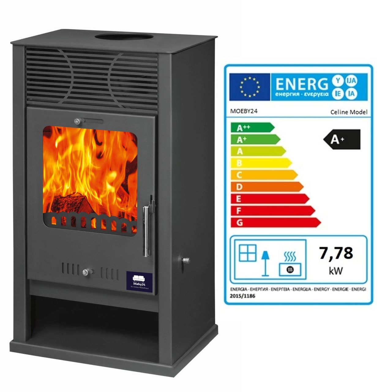 Moeby24 Kaminofen Celine Anthrazit 150mm Rauchrohr 7,78 KW BimSchV 1-2 EEK A