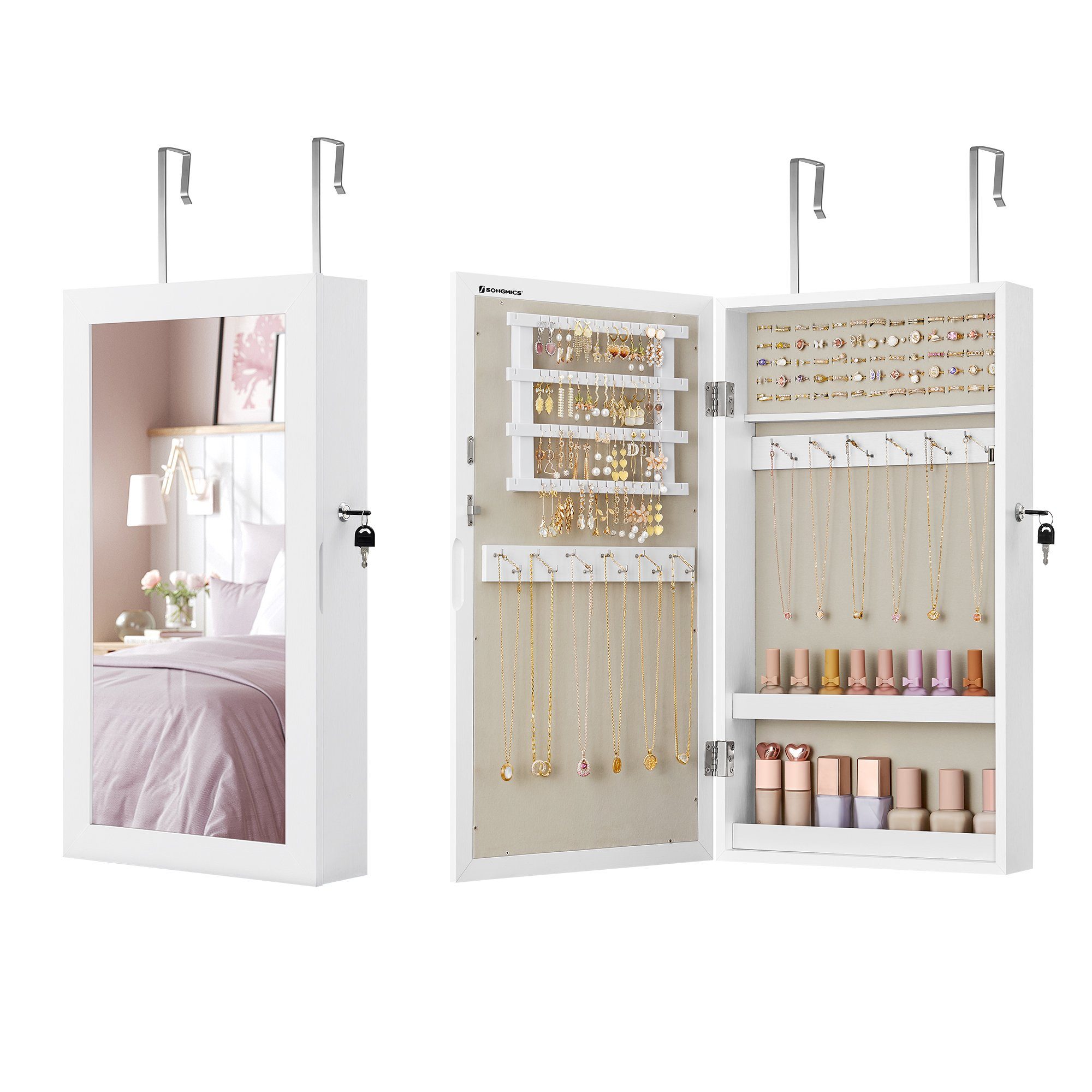 SONGMICS Schmuckschrank Spiegelschrank abschließbarer Wandschrank, weiß