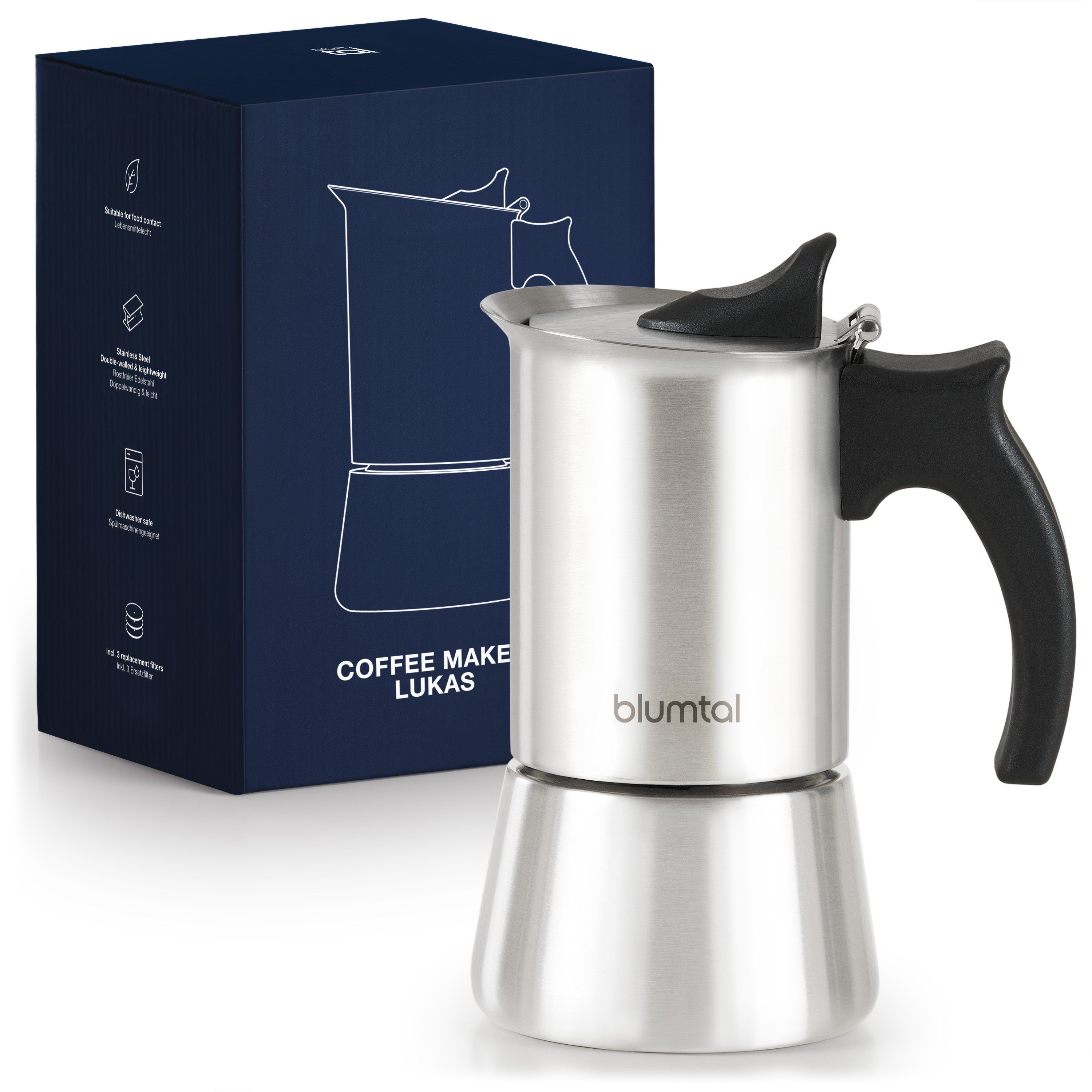 Blumtal Espressokocher Espressokocher Edelstahl - aluminiumfreie Mokkakanne, für alle Herdarten, nichtrostende Mokakanne, Ersatzdichtung und Ersatzfilter, Camping Kaffeekocher, mit verstärkter Wand, Ersatzdichtung und Ersatzfilter
