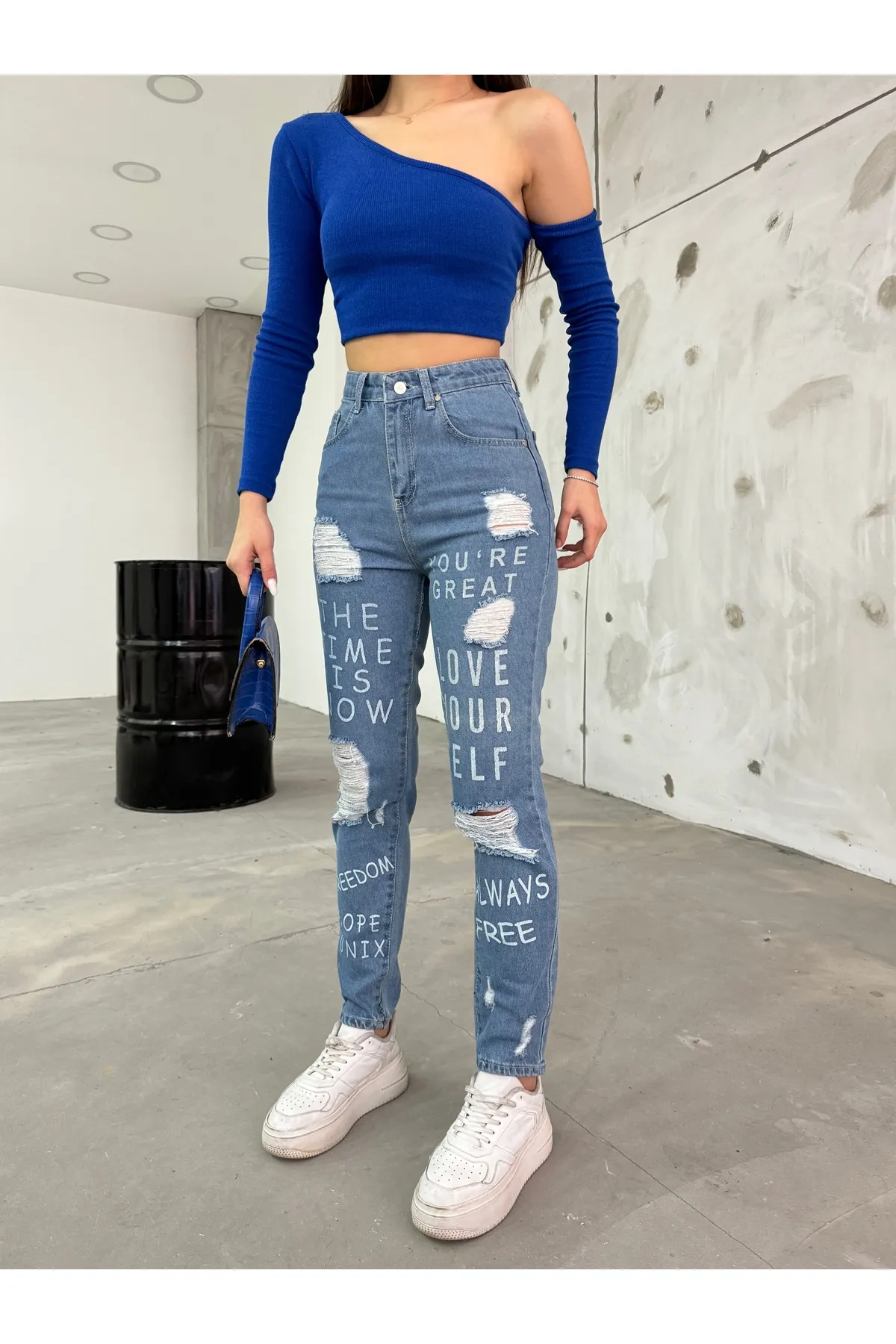 BİKELİFE  Blaue, zerrissene, detaillierte Mom-Damenjeans mit hoher Taille