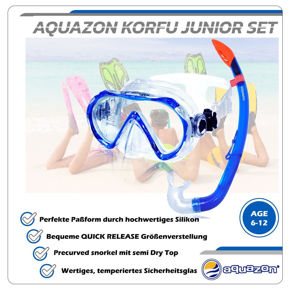 AQUAZON Taucherbrille KORFU mit Schnorchel, Schnorchelset für Kinder 7-12 Jahren