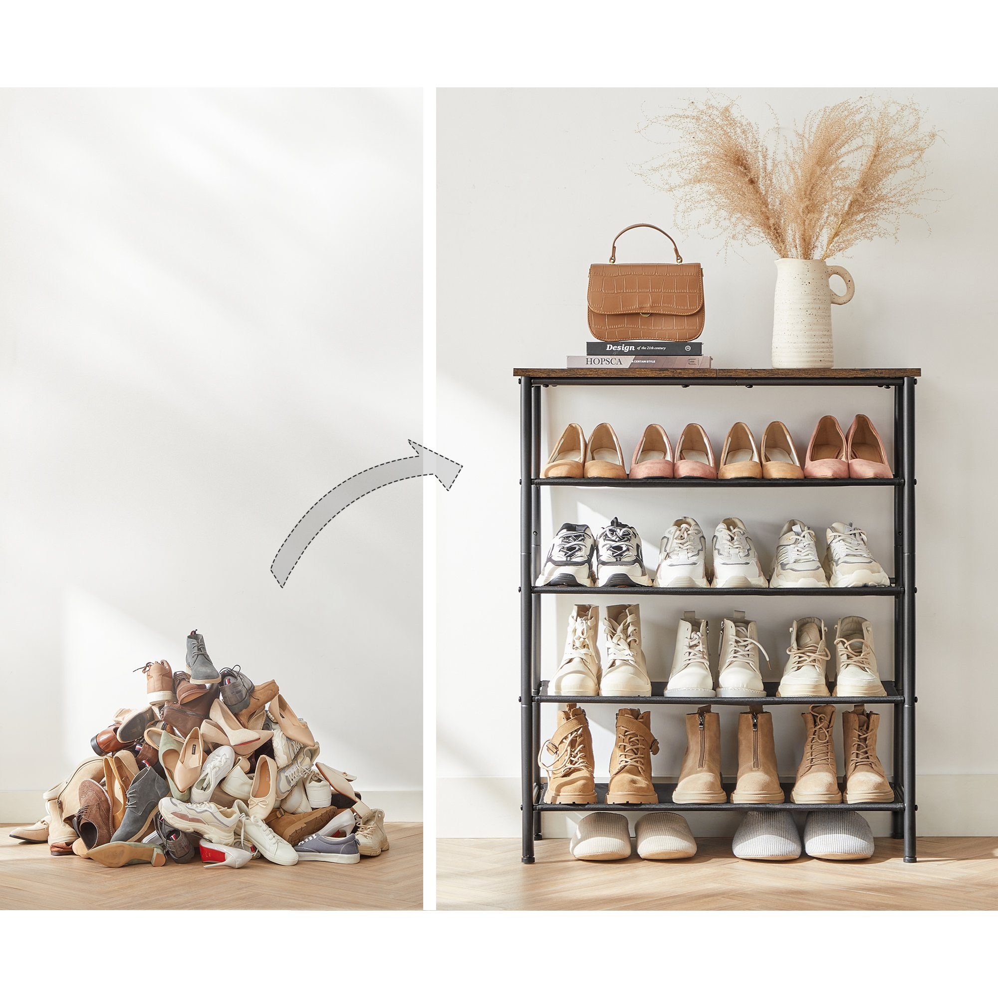 VASAGLE Schuhregal Schuhschrank, Standregal mit 5 Ebenen, schmal, für Flur