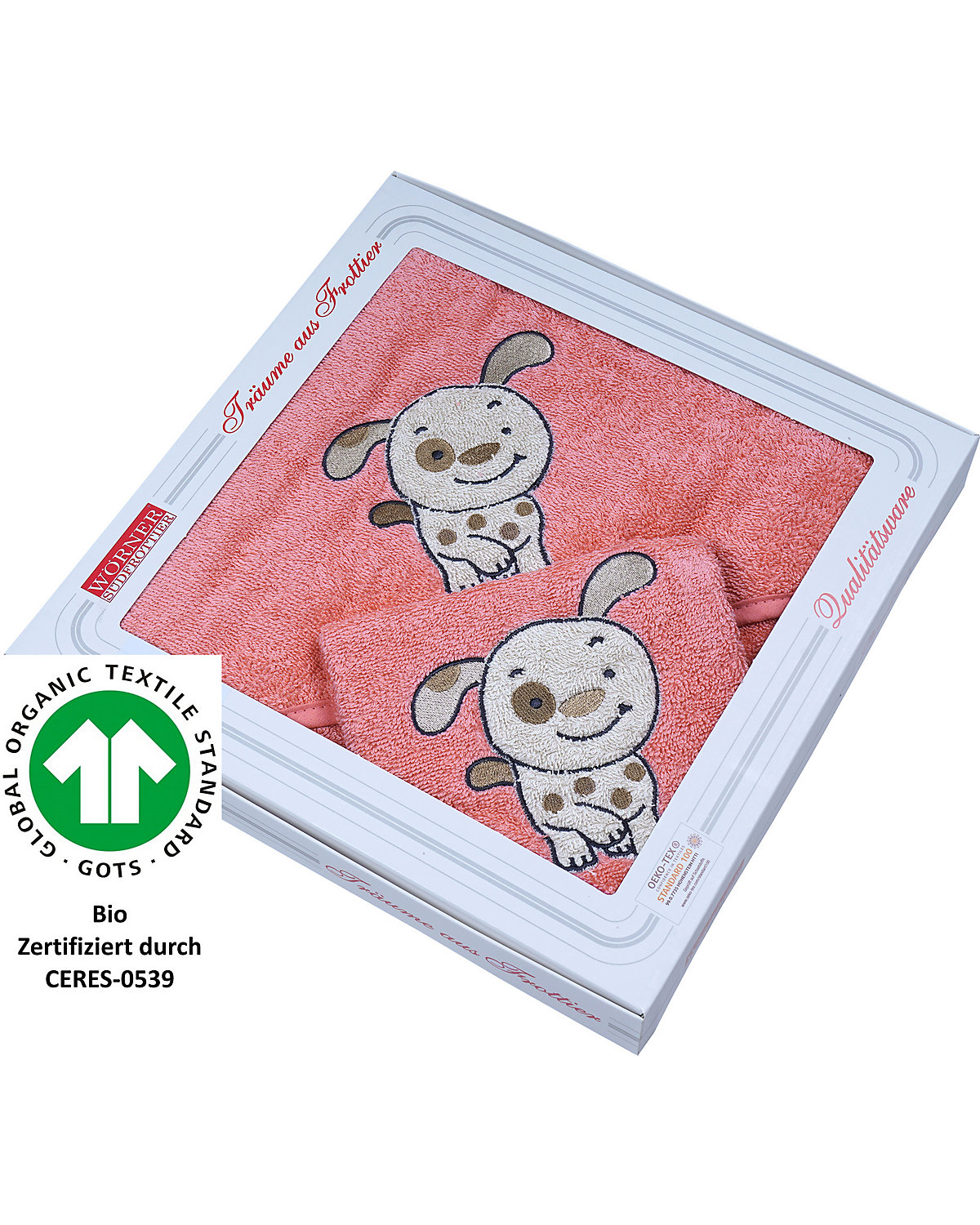 Geschenkbox Hund mit Kapuzenbadetuch + Waschhandschuh
