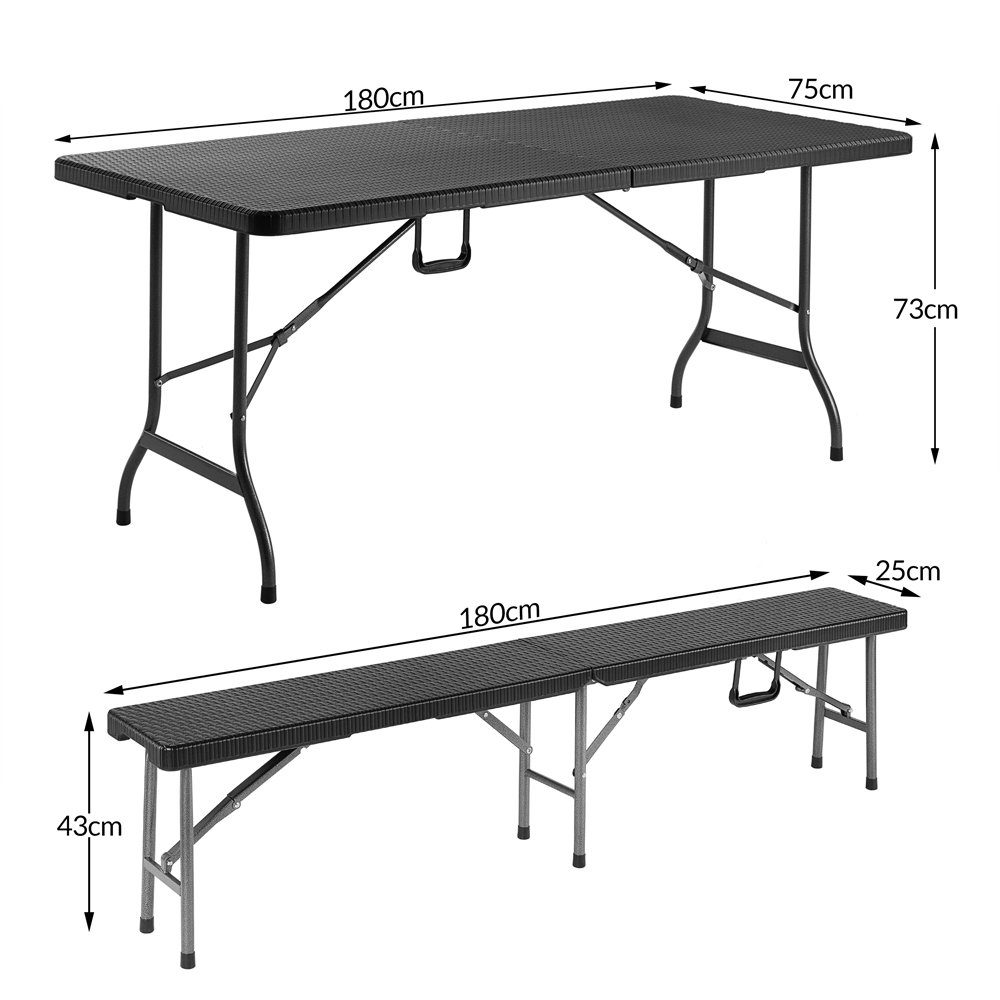 Casaria Bierzeltgarnitur Malmö, (3-tlg), 180 cm Klappbar Rattan Optik Kunststoff 2x Bierbank 1x Breiter Tisch