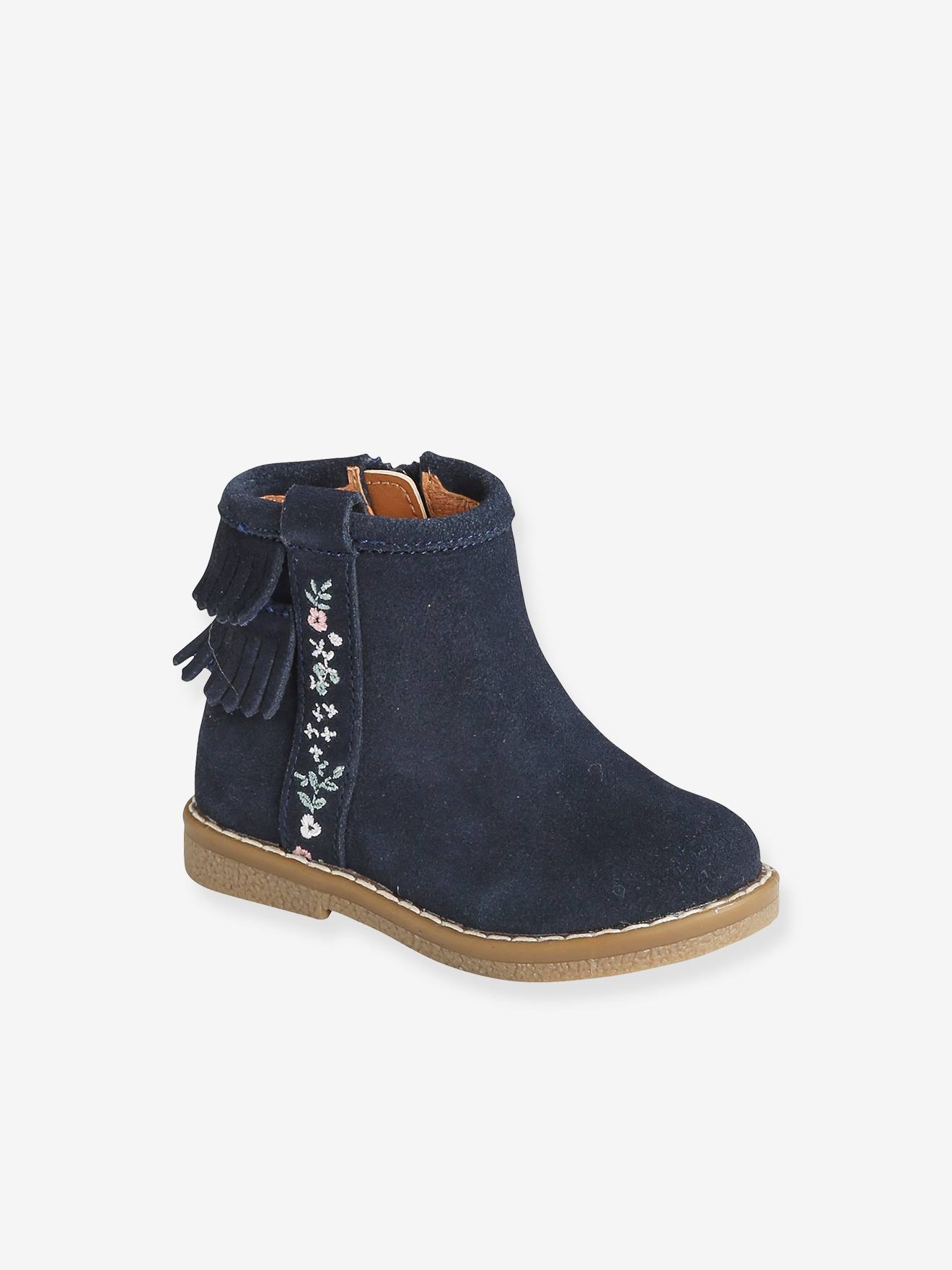 Boots cuir bébé fille frangées bleu marine