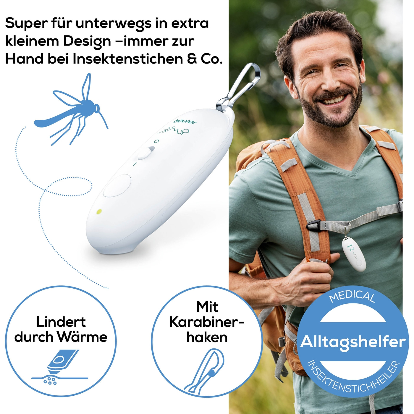 Beurer Insektenstichheiler BR 10-Stichheiler gegen Juckreiz & Schwellungen mit Karabinerhaken