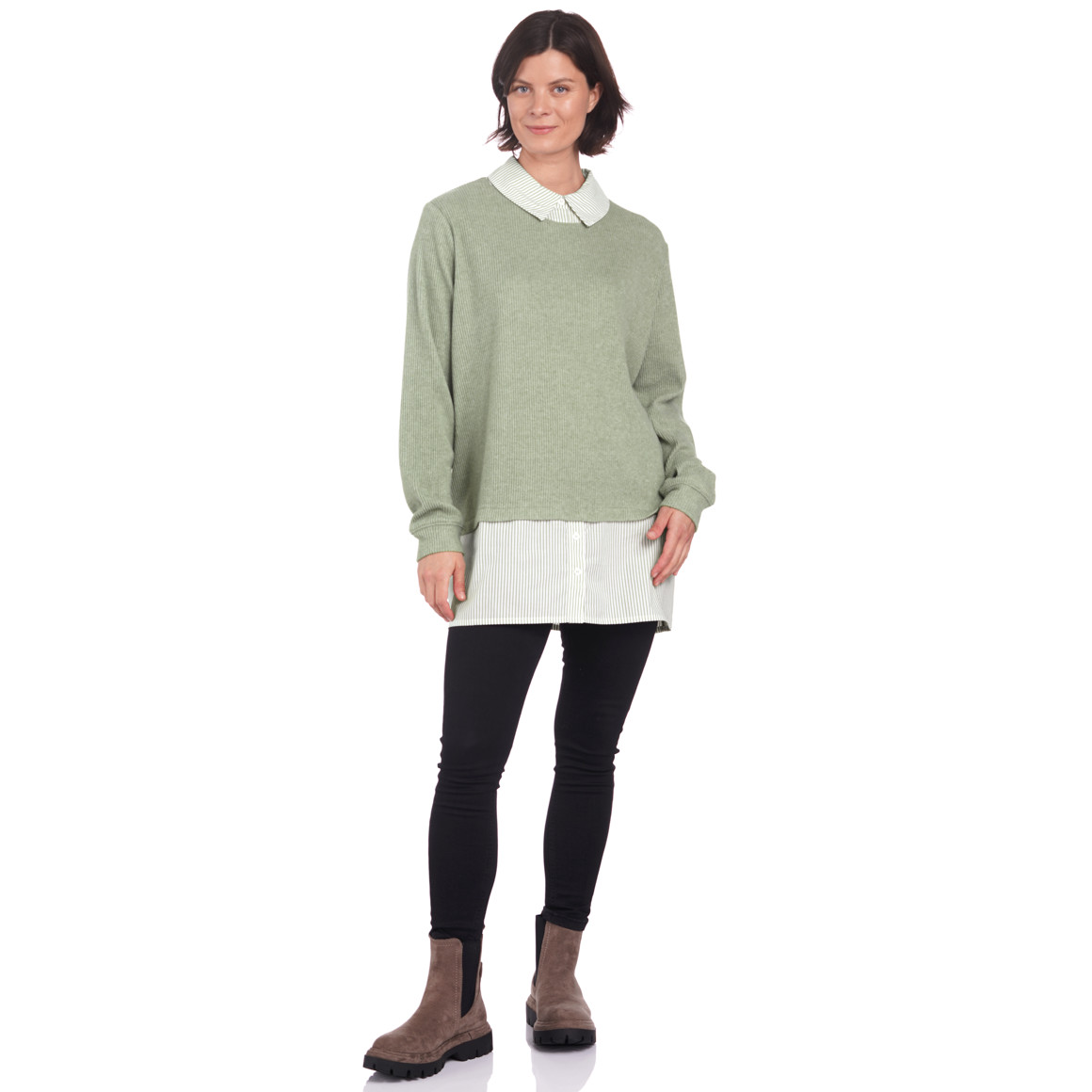 Damen Rippstrickpullover mit Bluseneinsatz