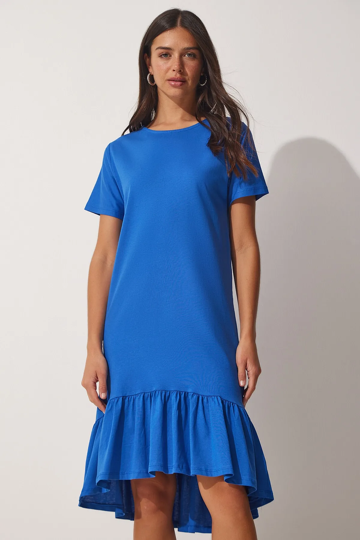 Happiness İstanbul  Blaues Volant-Sommer-Viskose-Strickkleid für Damen AP00186