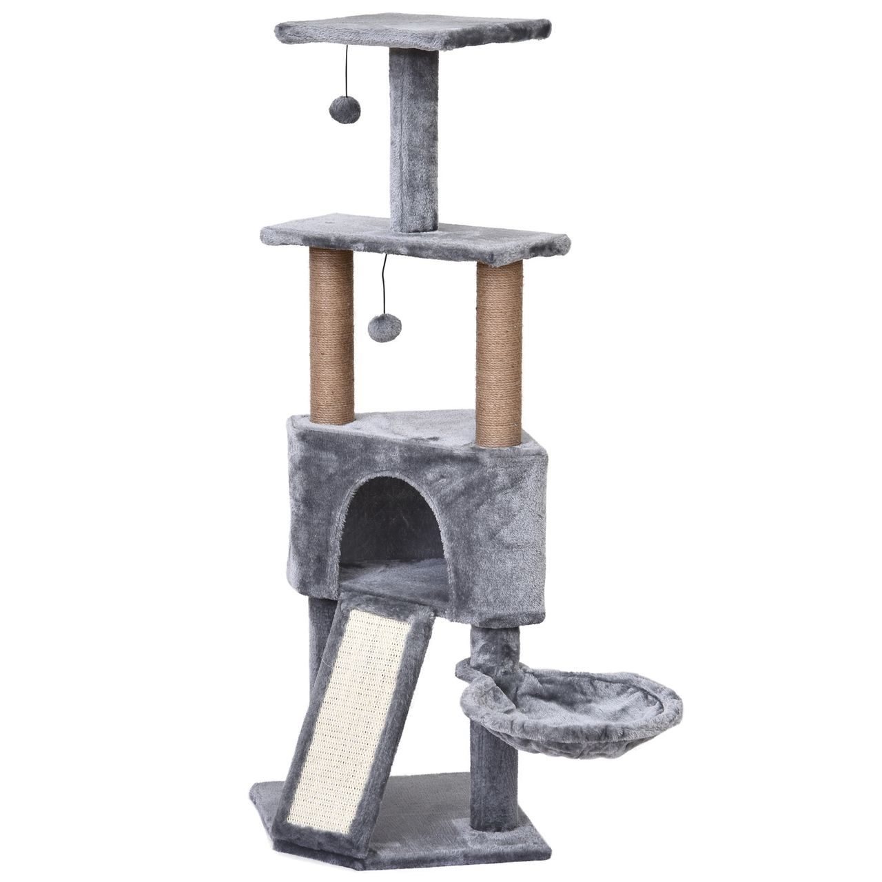 PawHut Katzenbaum mit Hängebett, 4-Stock Kratzbaum, Katzenhaus mit Spielbällen, mit Sisalsäule und Kratzbrett, Plüsch Grau 40 x 40 x 124 cm