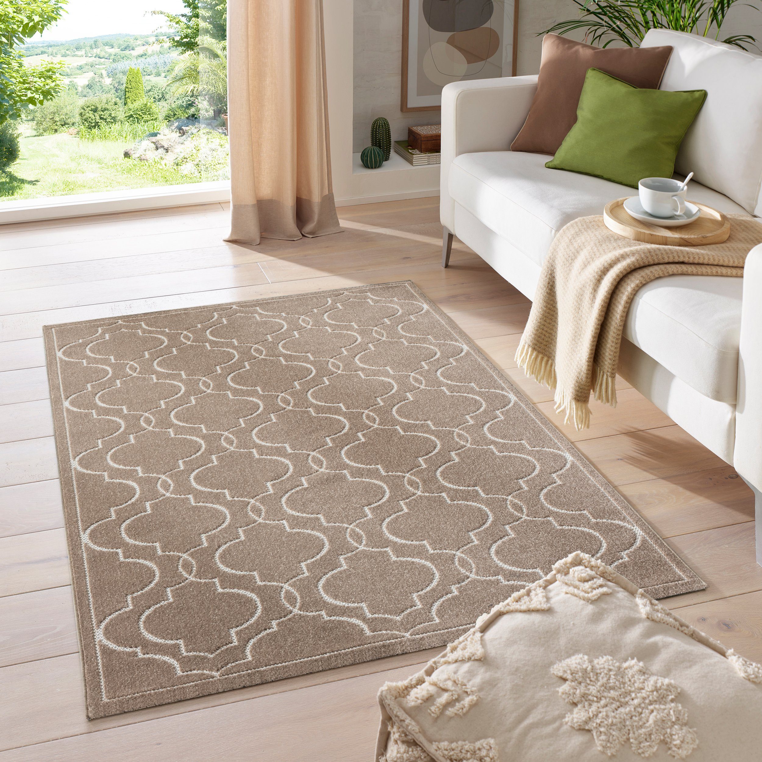 Teppich Outdoor & Indoor Teppich wetterfest waschbar Florentiner Design, TaCa Home, rechteckig, Höhe: 5 mm, Terrasse Balkon Garten Wohnzimmer Bad Küche, Beige - 80x150cm