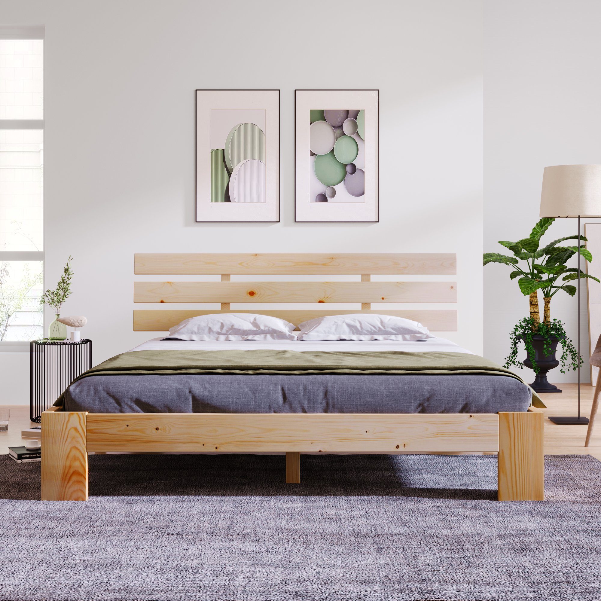 OKWISH Holzbett Doppelbett (mit Kopfteil aus Bettgestell mit Lattenrost, Massivholz FSC Massiv Doppelbett als Kieferbett verwendbar), 140x200 cm