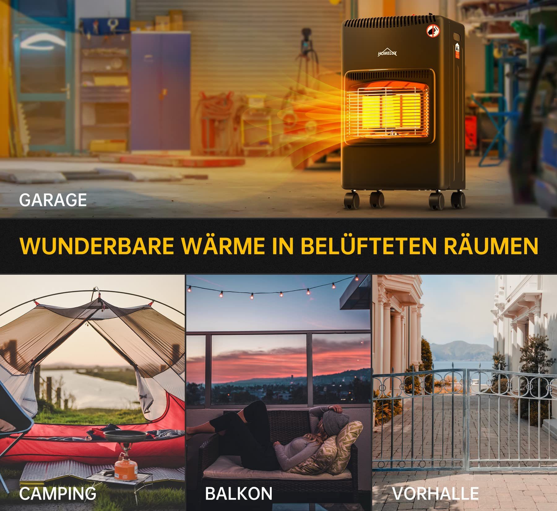 HOMELUX Heizgerät Heizlüfter Gasheizung für Innenräume, Schlauch und Druckminderer, ODS,bis 15kg, 4200W, Infrarot Keramikbrenner, Heizstrahler