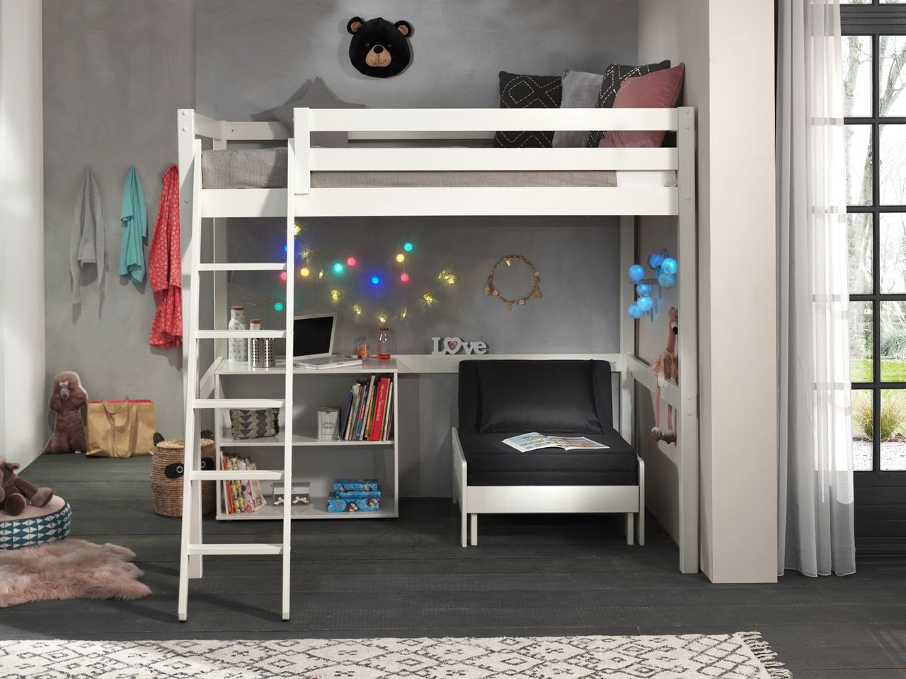 VIPACK Hochbett mit Liegefläche 140 x 200 cm inkl. Sesselbett und Regal mit zwei Fächern