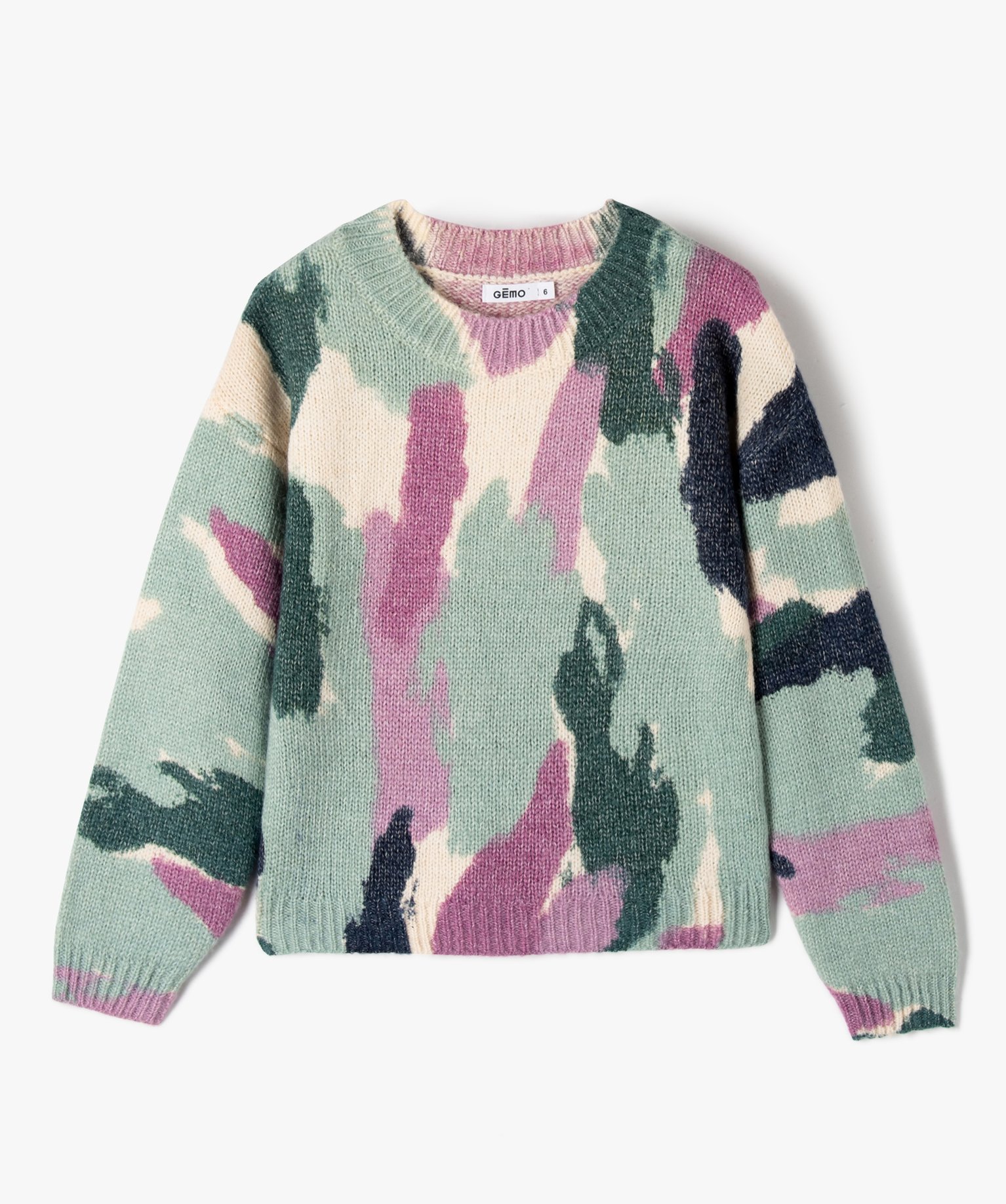 Pull fille en grosse maille imprimée bleu | GEMO