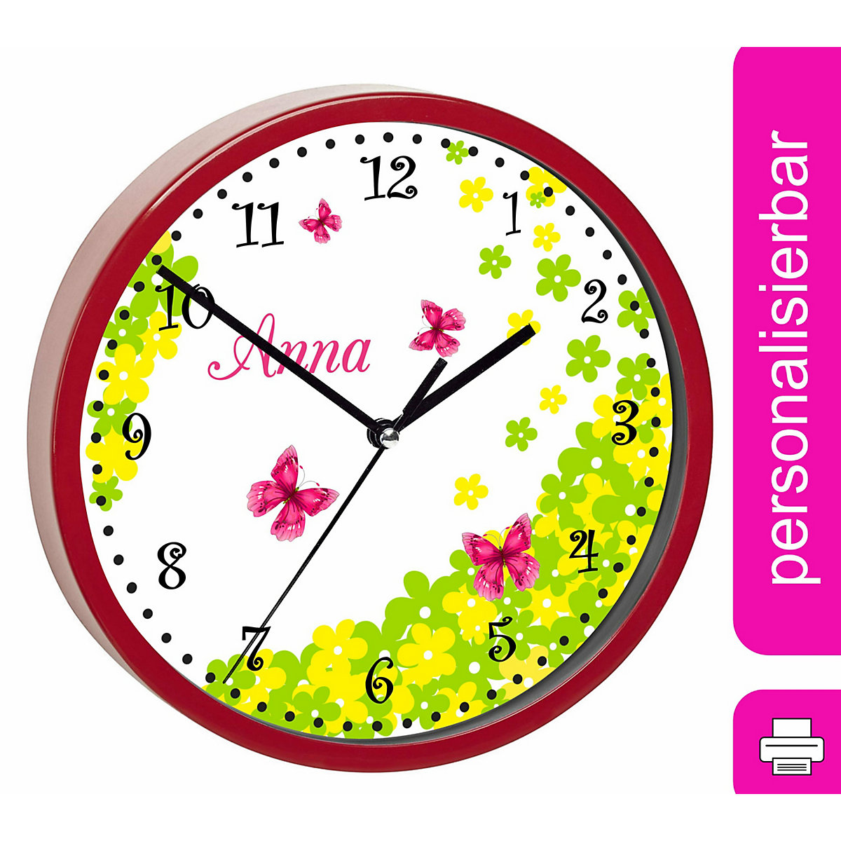Kinder Wanduhr personalisiert mit Name Schmetterling Blume
