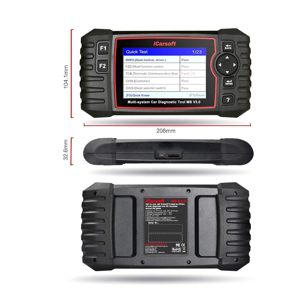 iCarsoft OBD2-Diagnosegerät MB V3.0 Profi Universeller Diagnosegerät Mercedes / Sprinter / Smart, 10,16 cm (4 Zoll) TFT- Farbbildschirm