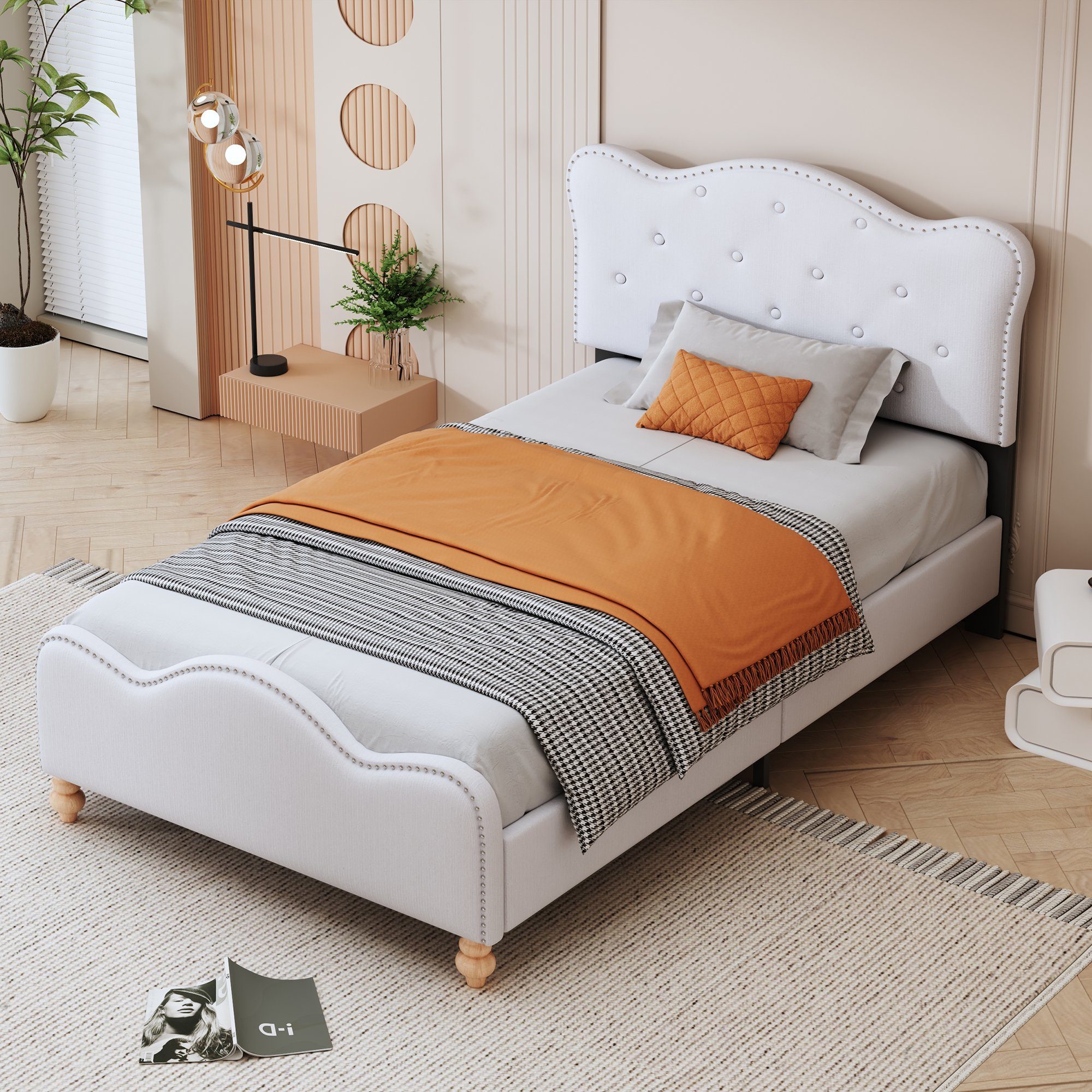OKWISH Polsterbett Kinderbett Doppelbett Funktionsbett Gästebett (mit Fußteil und Lattenrost gepolstertes Einzelbett Jugendbett Gästebett 90x200 cm, Bettgestell in weißem hautfreundlichem Leinenstoff mit Kopfteil), ohne Matratze