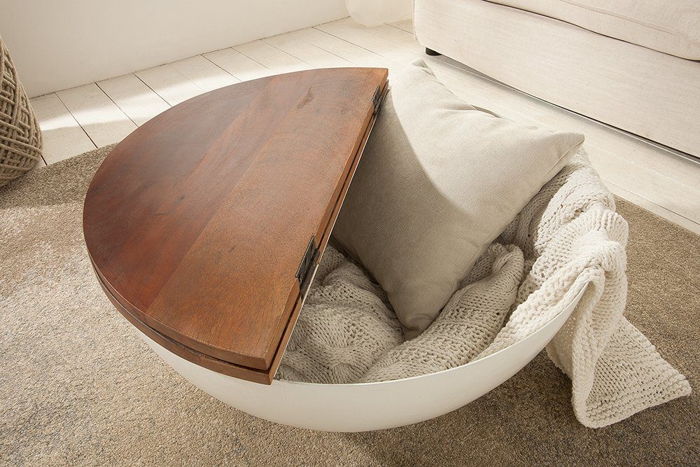 riess-ambiente Couchtisch JAKARTA 70cm weiß / natur, Wohnzimmer · recyceltes Massivholz · rund · mit Fach · Metall · Boho