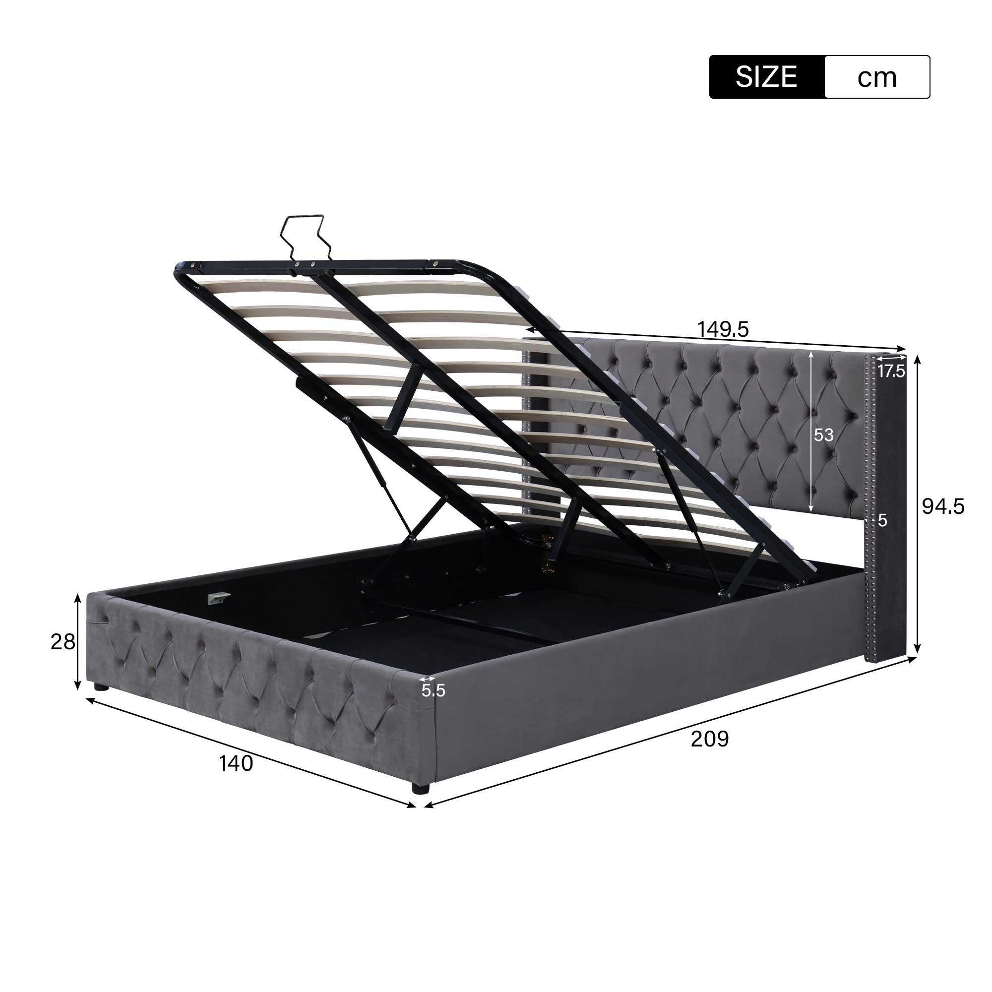 REDOM Polsterbett Doppelbett Stauraumbett (Ohrenform Doppelte Nietenreihe Flanell, Knopfnähte Kopf-und Fußende, Bettunterseite ist mit schmutzabweisenden schwarzen Vliesstoff, Grau), 140x200cm ohne Matratze
