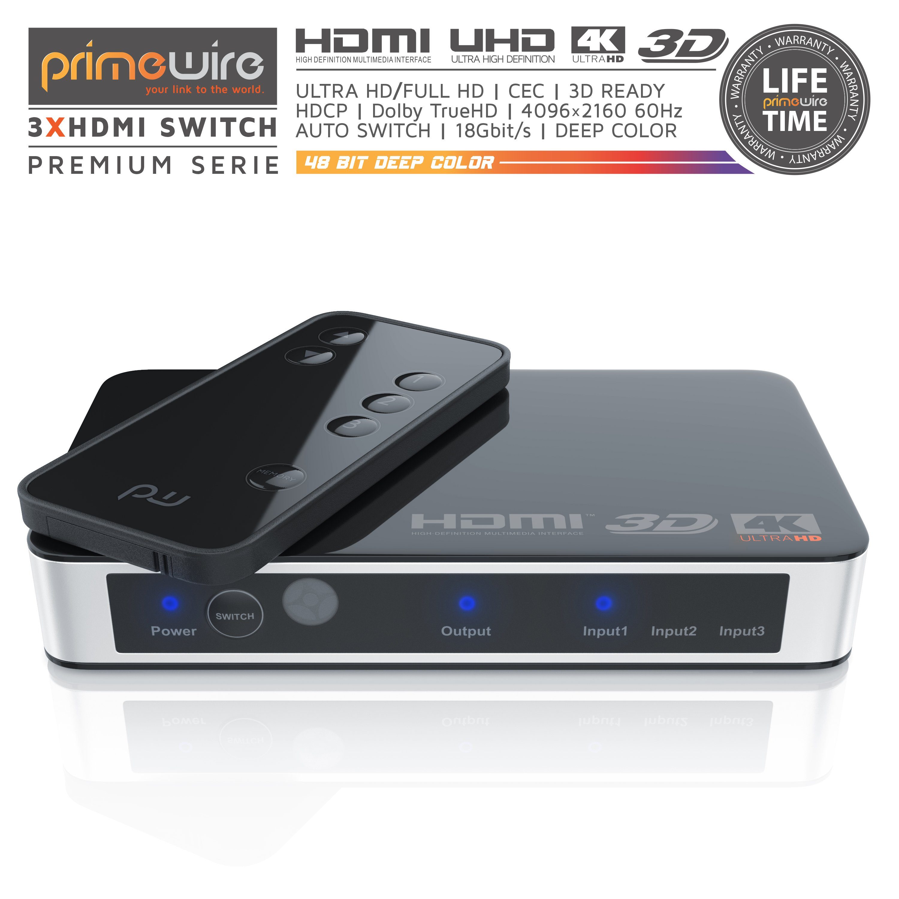Primewire Audio / Video Matrix-Switch, 3-Port HDMI UHD Switch, Verteiler 4k 60Hz Umschalter mit Fernbedienung